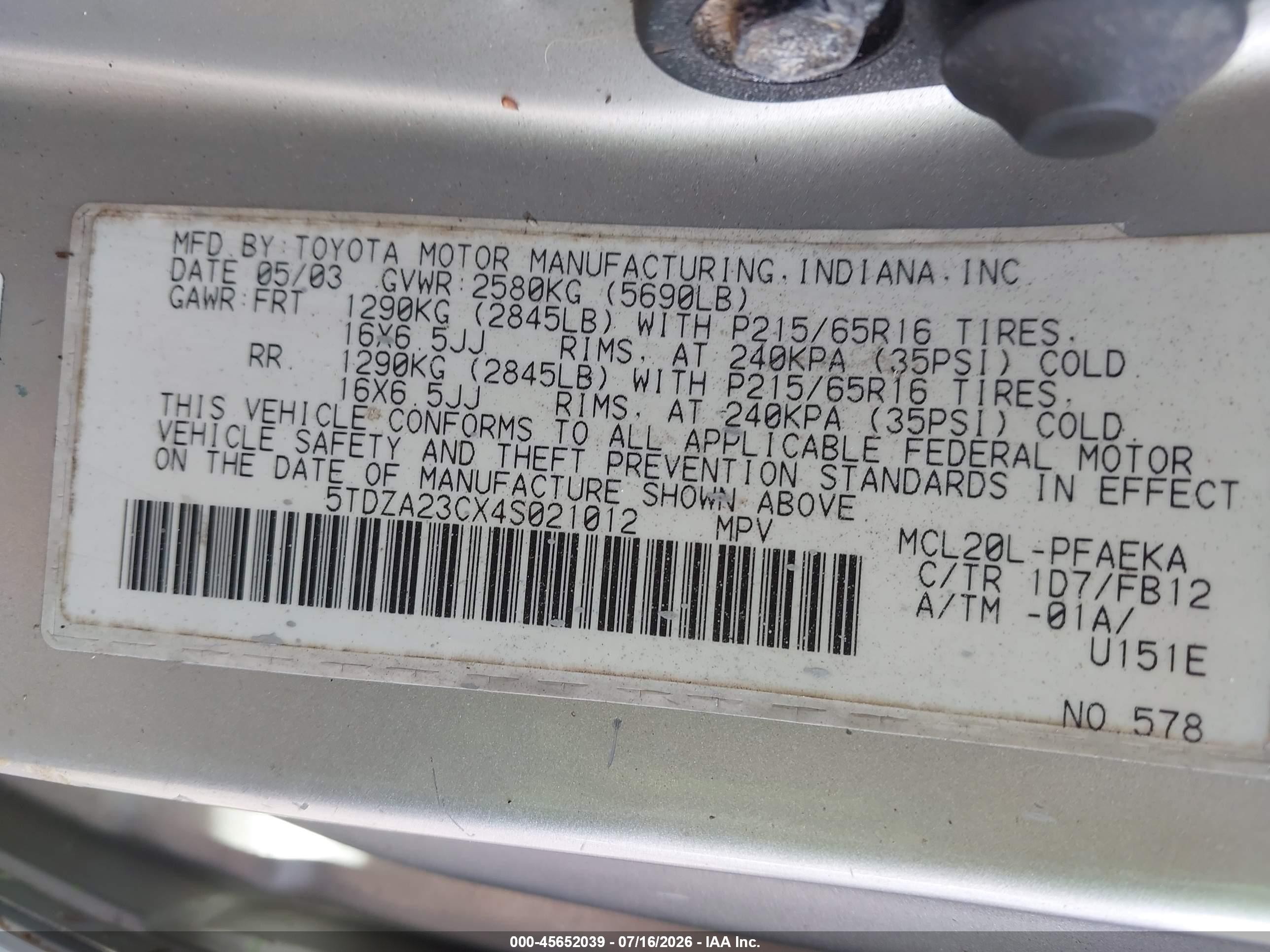 2004 Toyota Sienna Le Silver vin: 5TDZA23CX4S021012