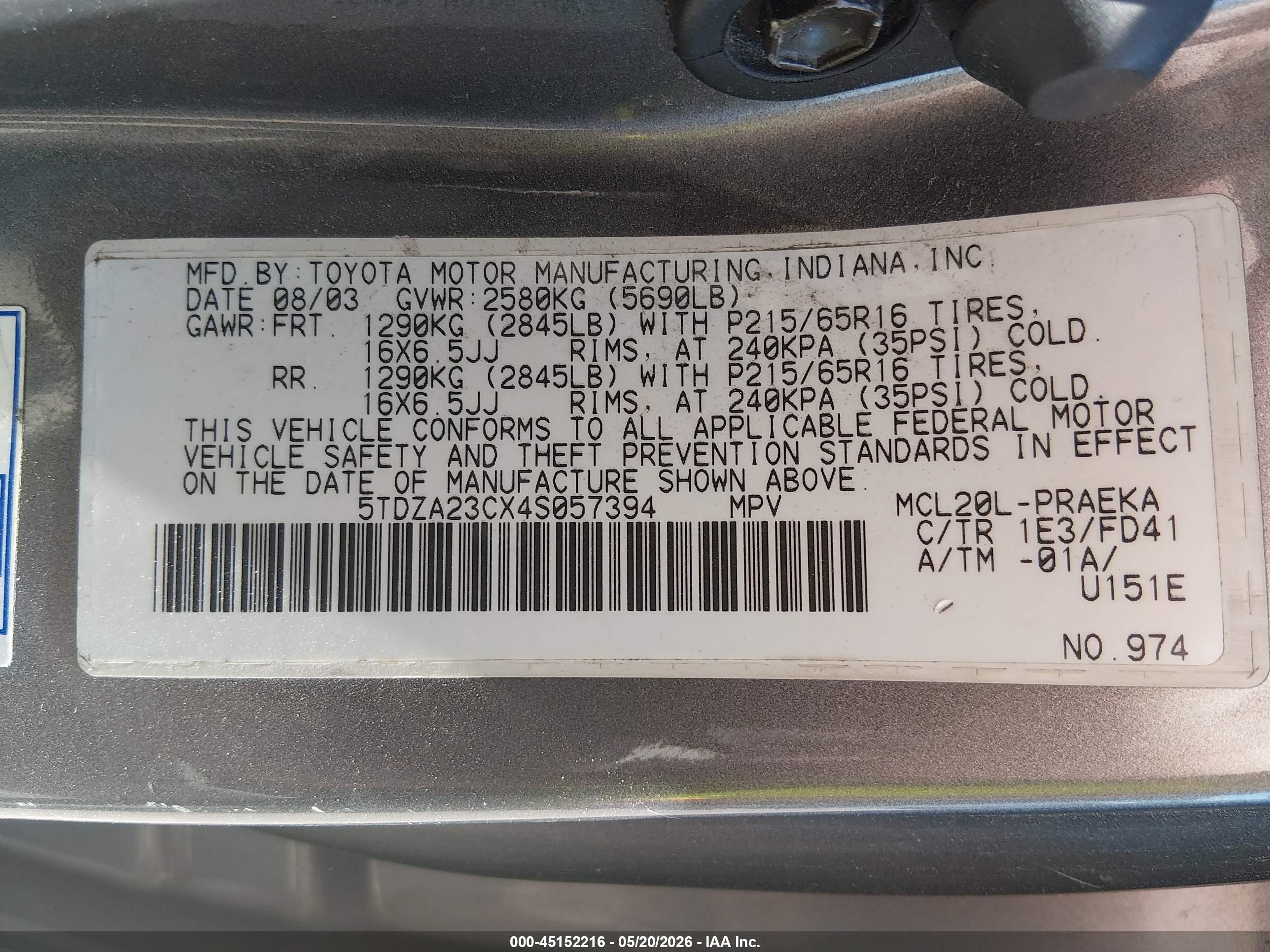 2004 Toyota Sienna Le Gray vin: 5TDZA23CX4S057394
