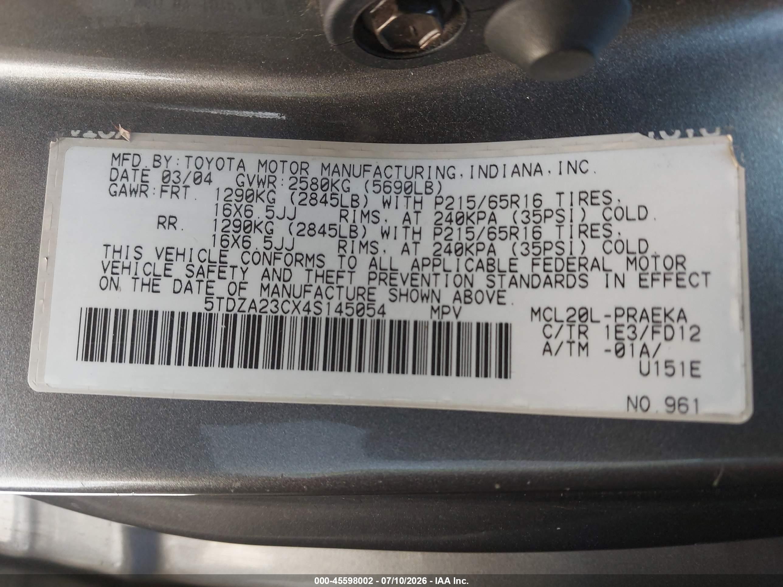 2004 Toyota Sienna Ce Gold vin: 5TDZA23CX4S145054