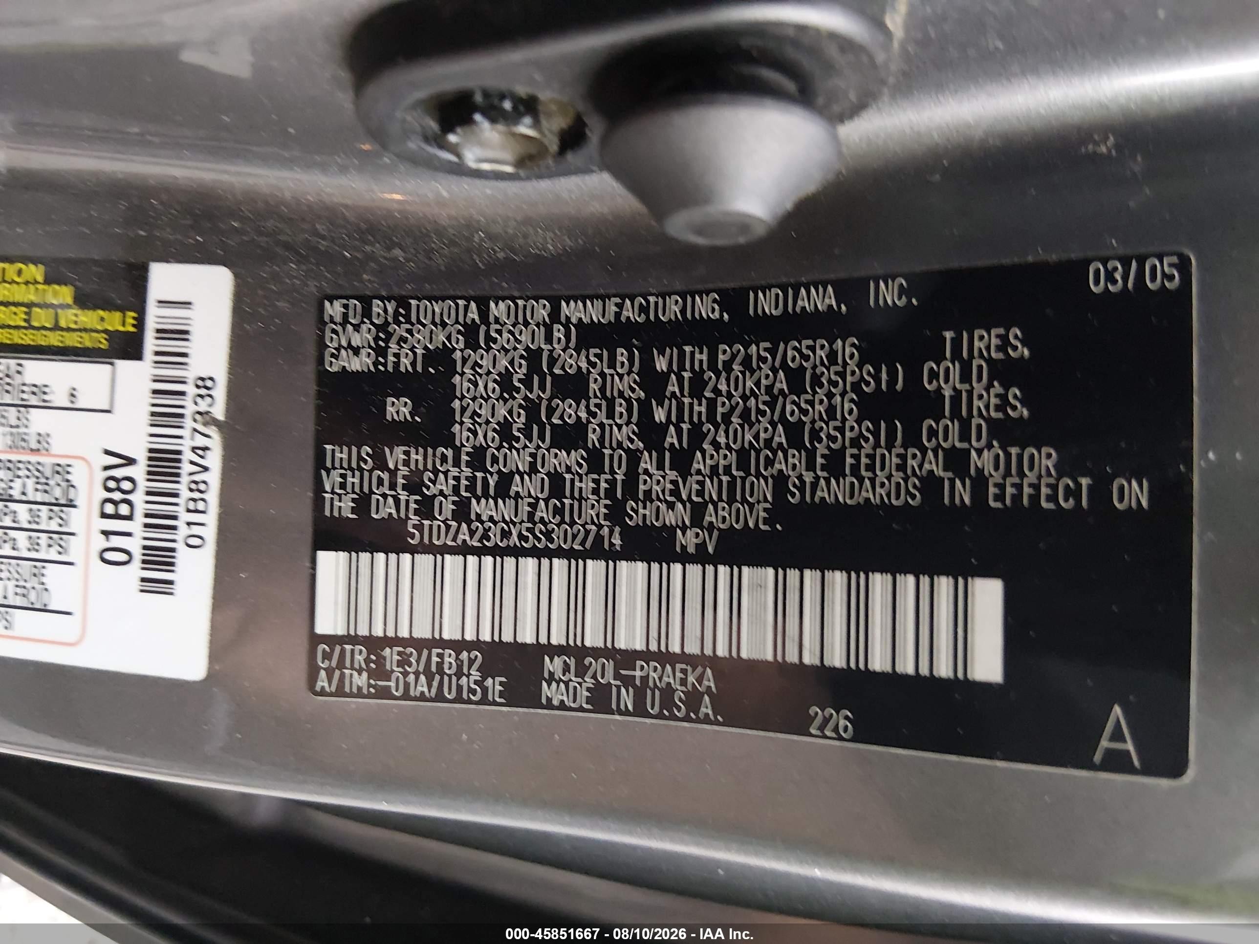 2005 Toyota Sienna Le Silver vin: 5TDZA23CX5S302714
