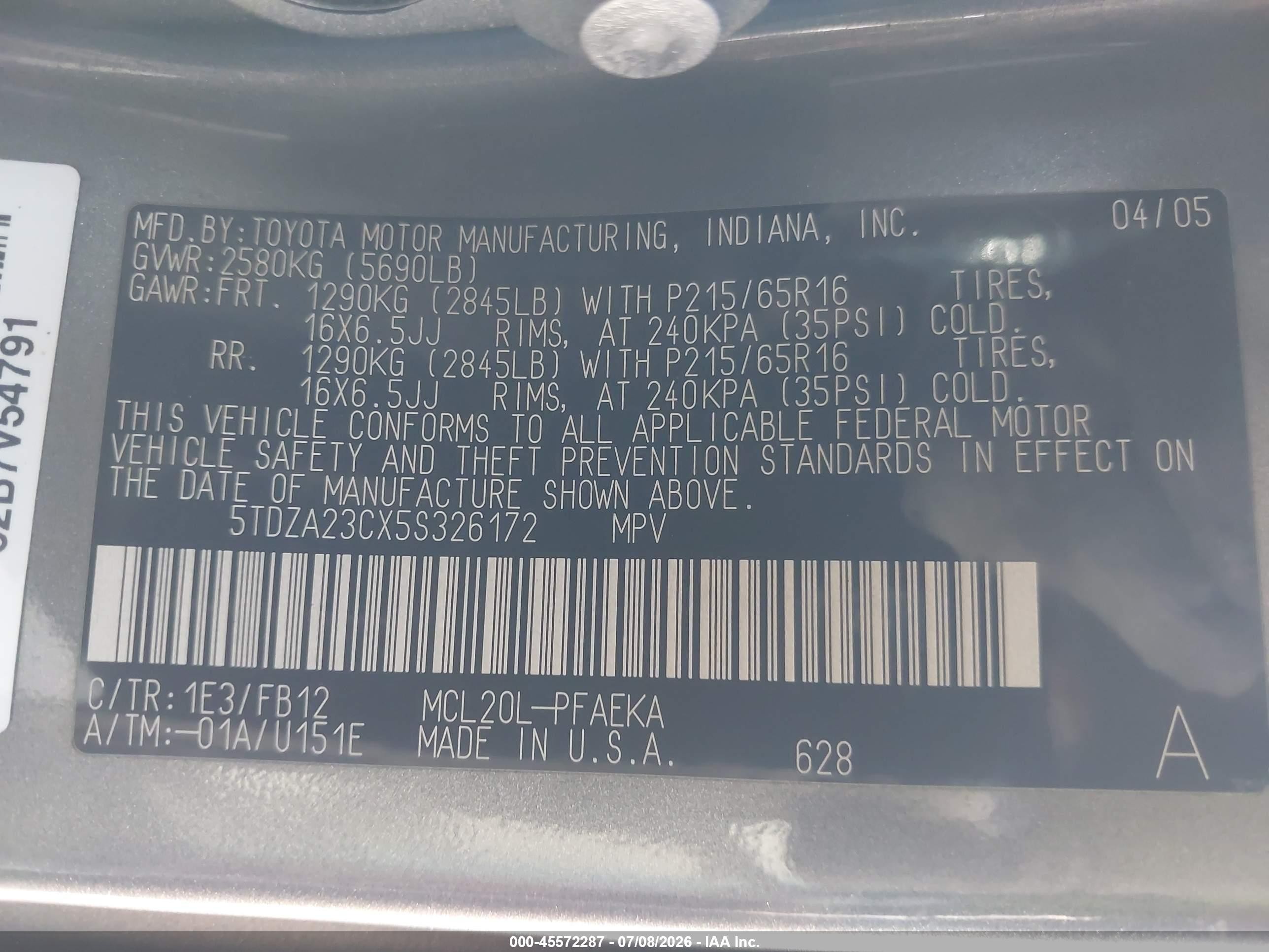 2005 Toyota Sienna Le Gray vin: 5TDZA23CX5S326172