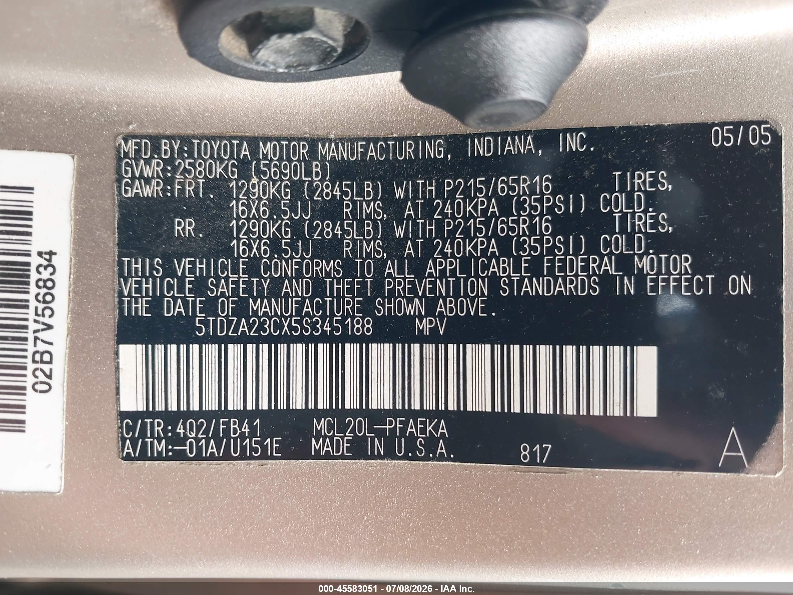 2005 Toyota Sienna Le Gold vin: 5TDZA23CX5S345188