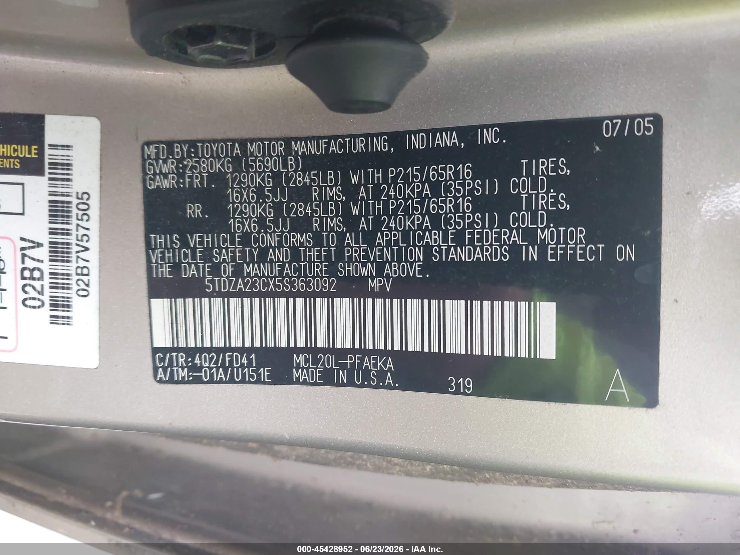 2005 Toyota Sienna Ce Gold vin: 5TDZA23CX5S363092