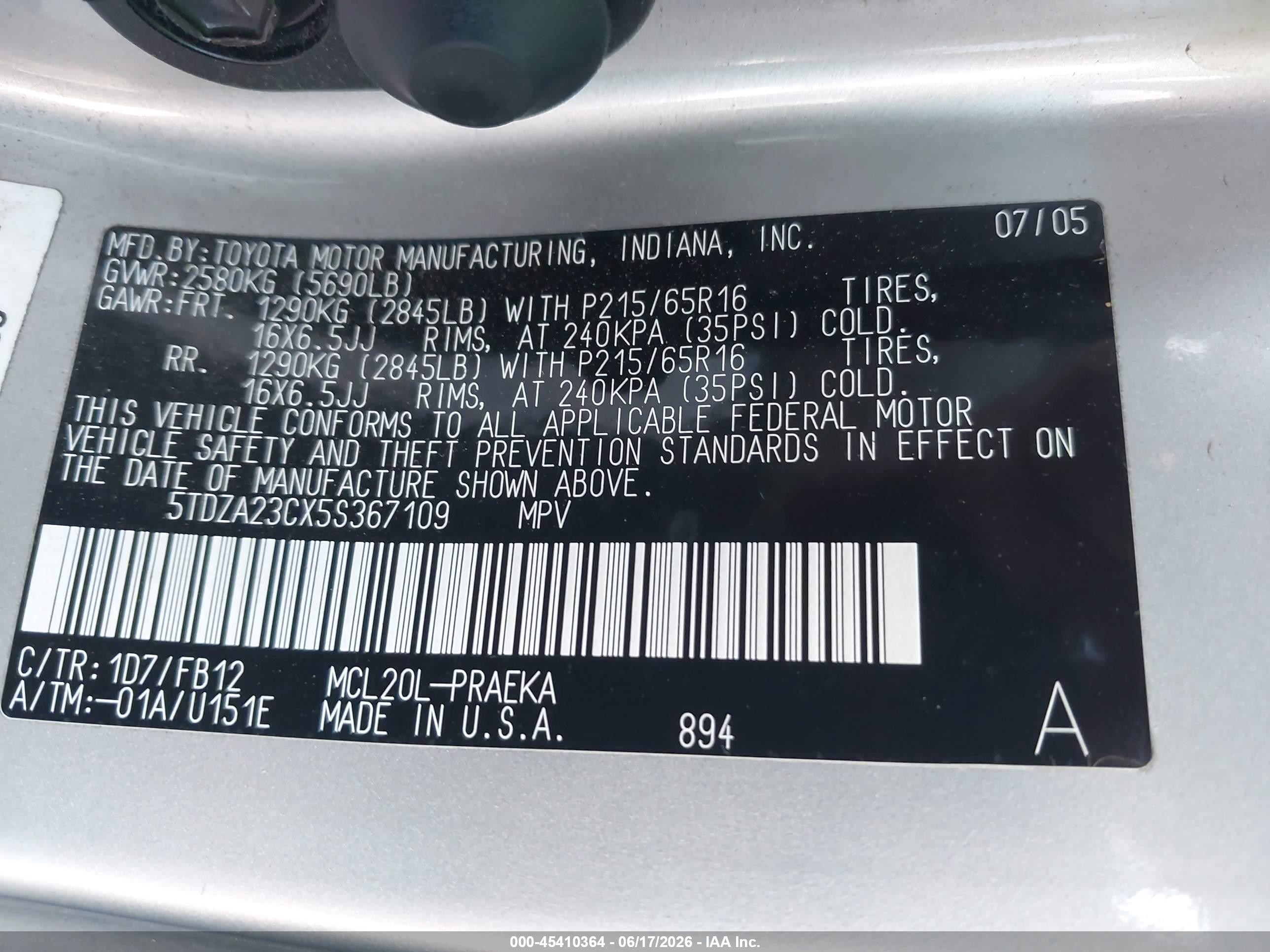 2005 Toyota Sienna Le Silver vin: 5TDZA23CX5S367109