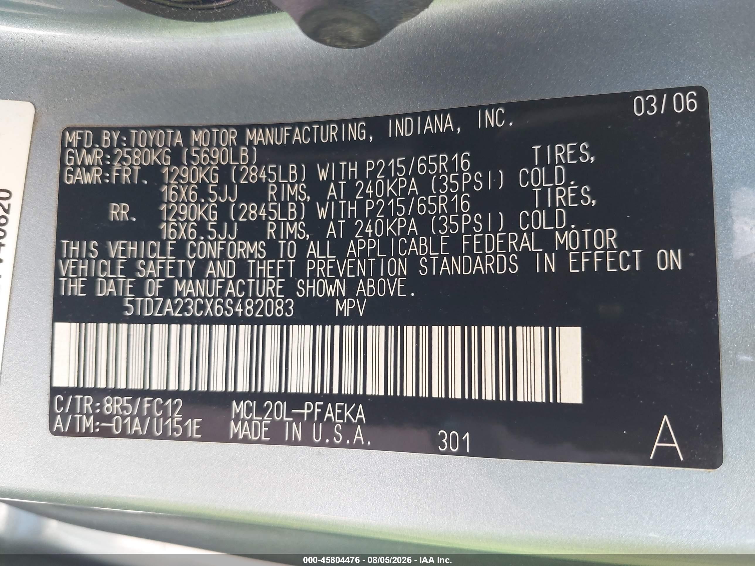 2006 Toyota Sienna Le Black vin: 5TDZA23CX6S482083