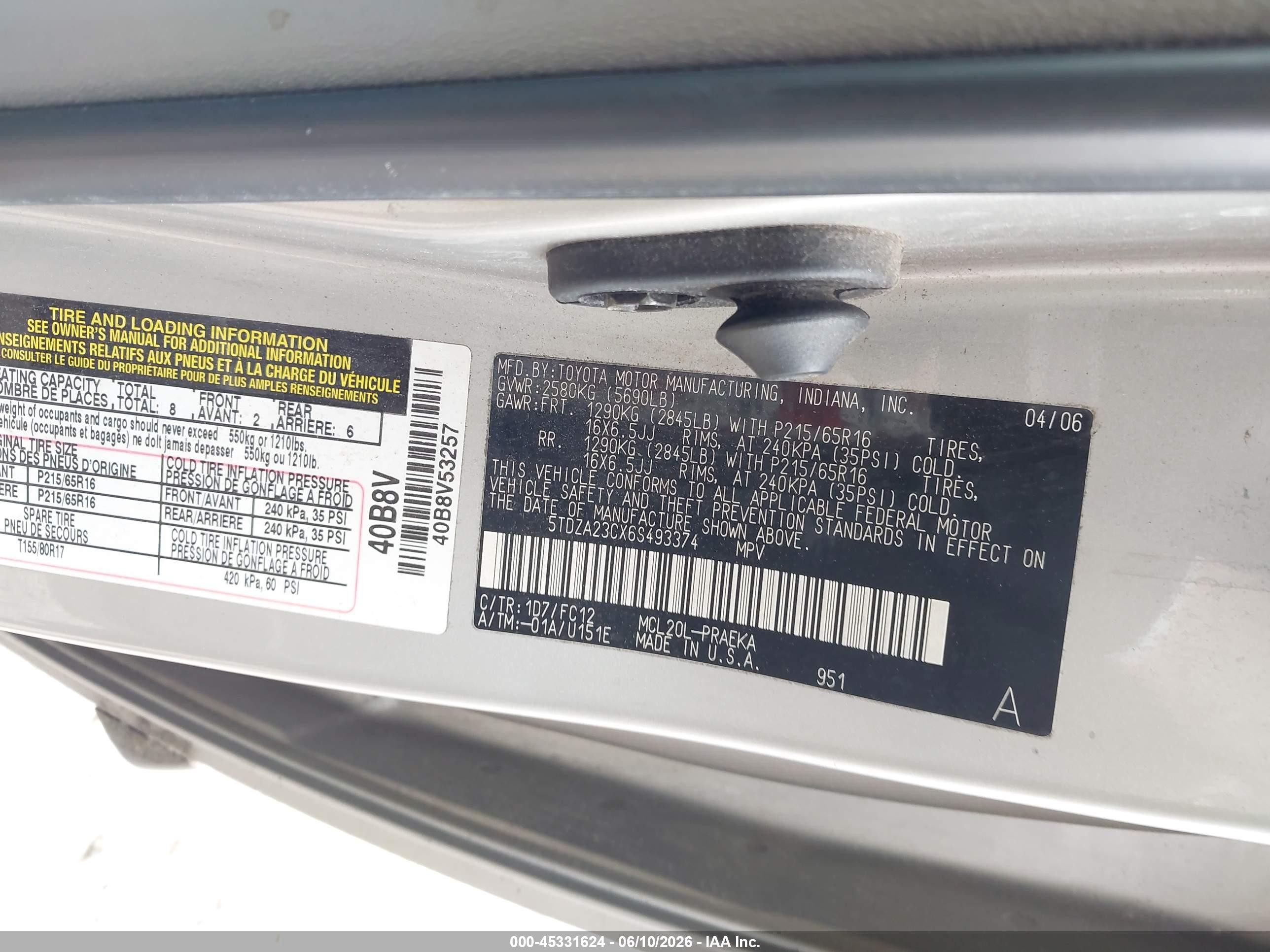 2006 Toyota Sienna Le Silver vin: 5TDZA23CX6S493374