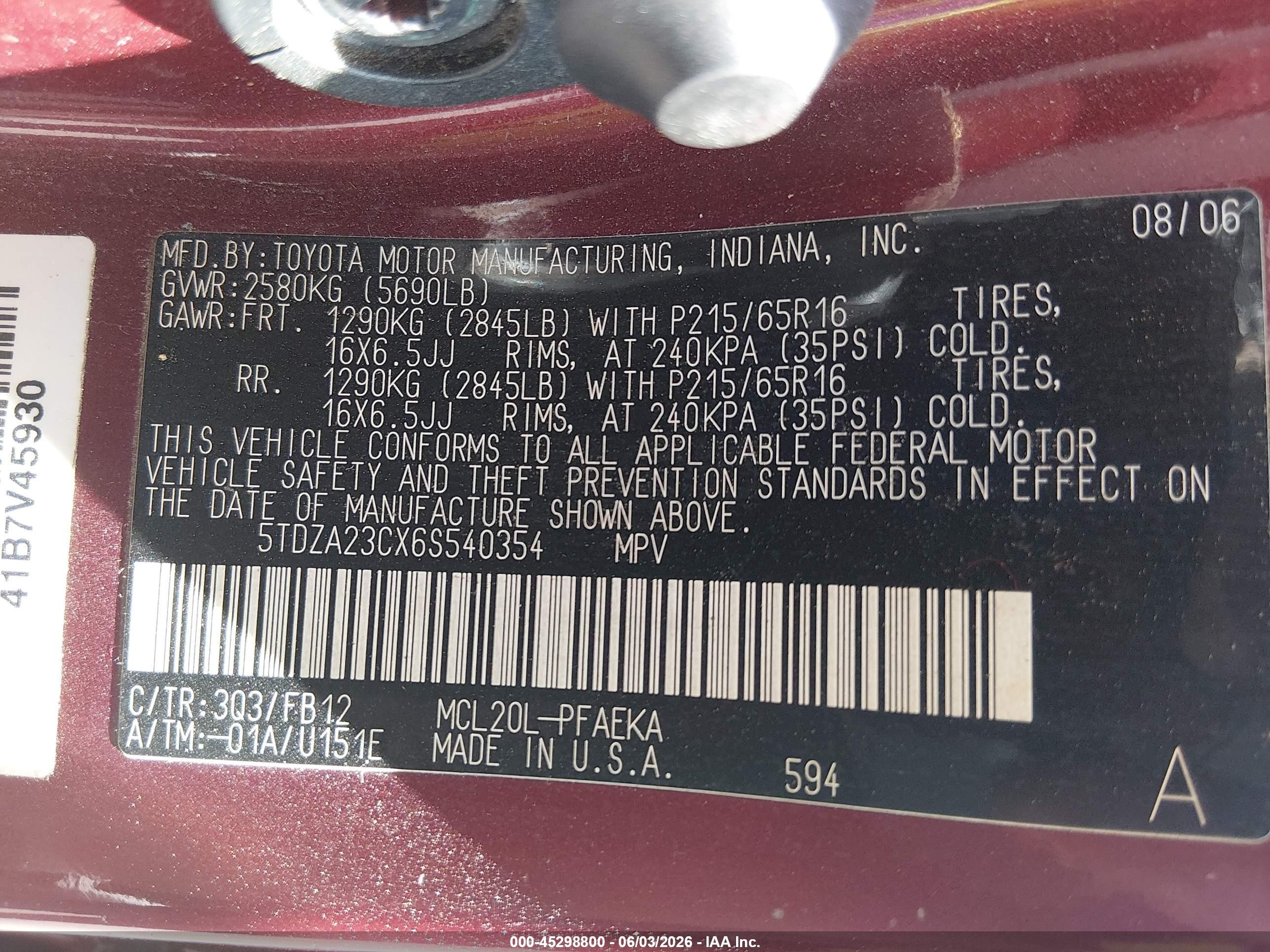 2006 Toyota Sienna Ce Red vin: 5TDZA23CX6S540354