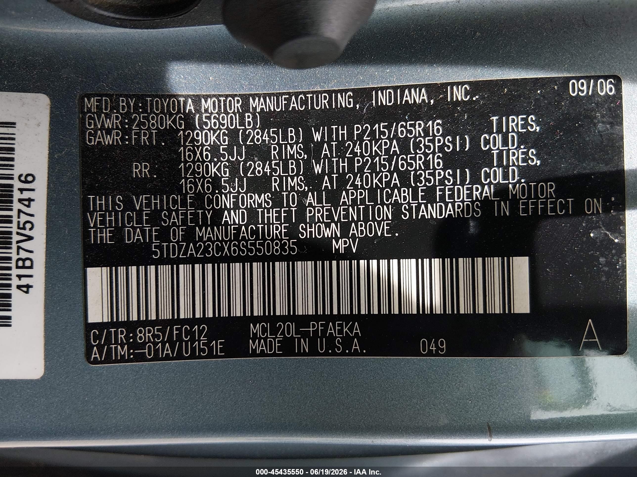 2006 Toyota Sienna Le Blue vin: 5TDZA23CX6S550835