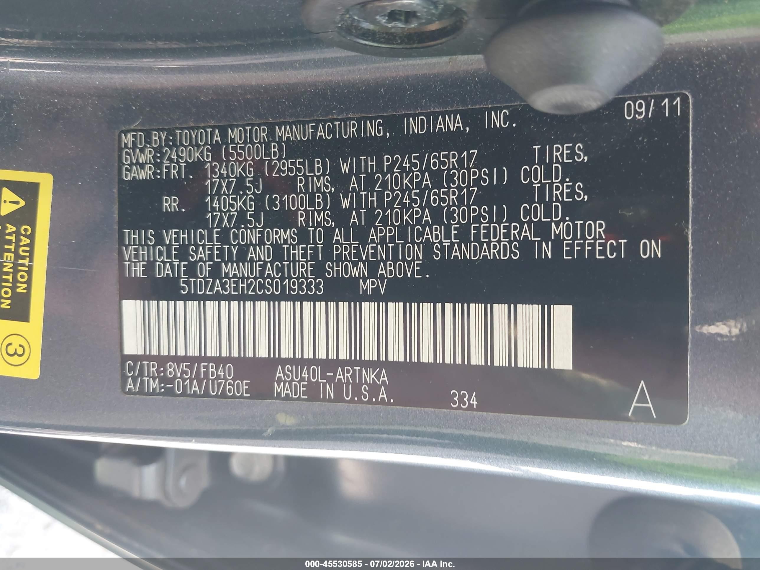2012 Toyota Highlander Blue vin: 5TDZA3EH2CS019333