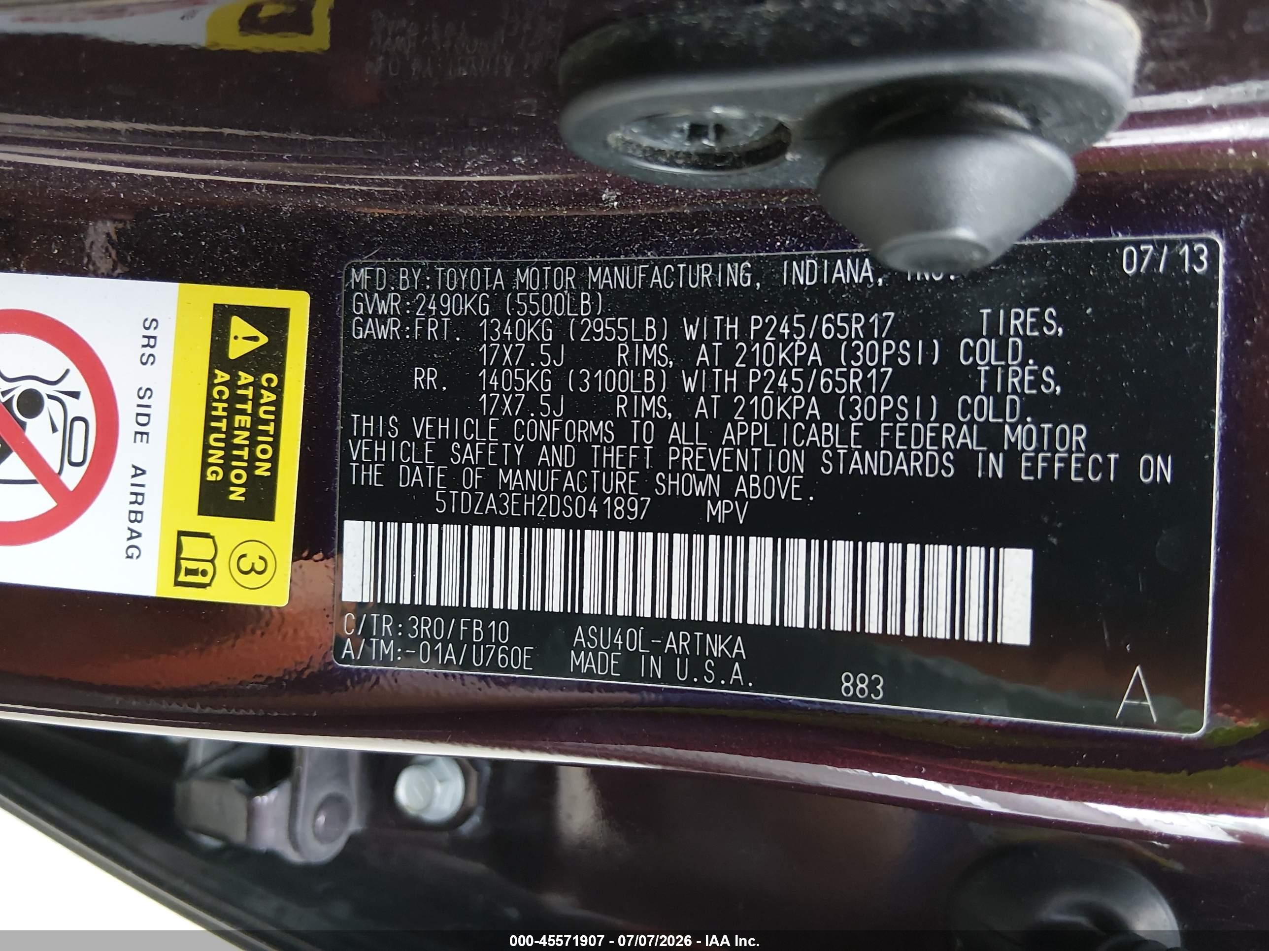2013 Toyota Highlander   Burgundy vin: 5TDZA3EH2DS041897