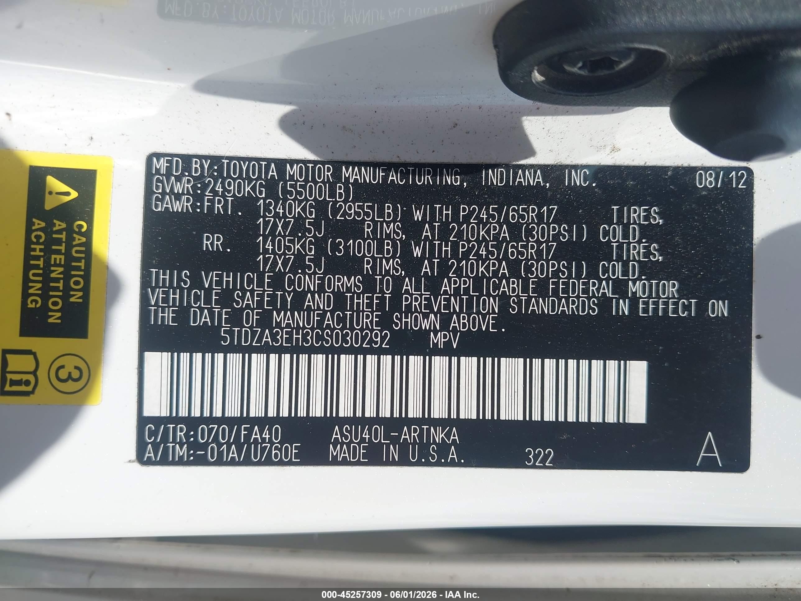 2012 Toyota Highlander   White vin: 5TDZA3EH3CS030292