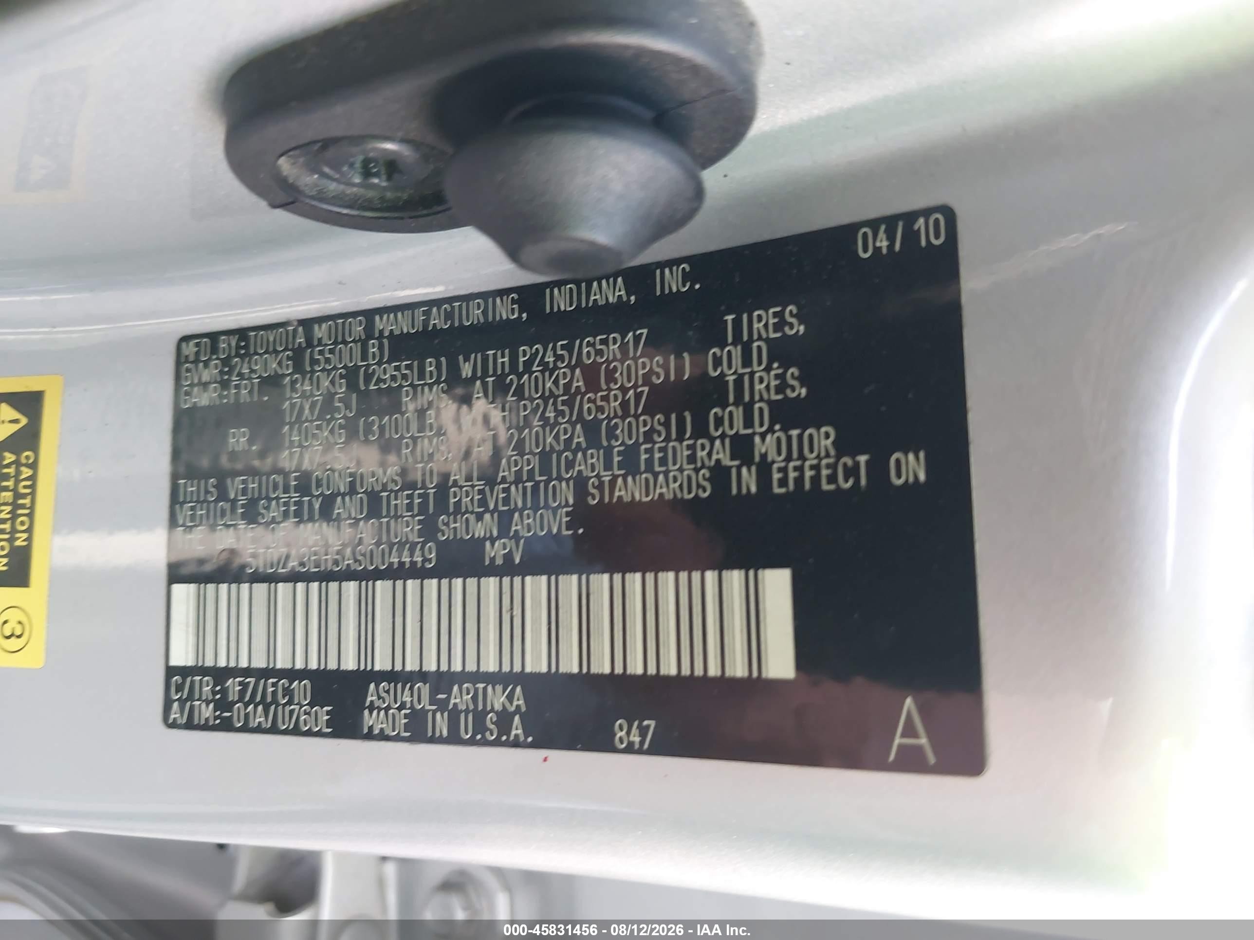 2010 Toyota Highlander   Silver vin: 5TDZA3EH5AS004449