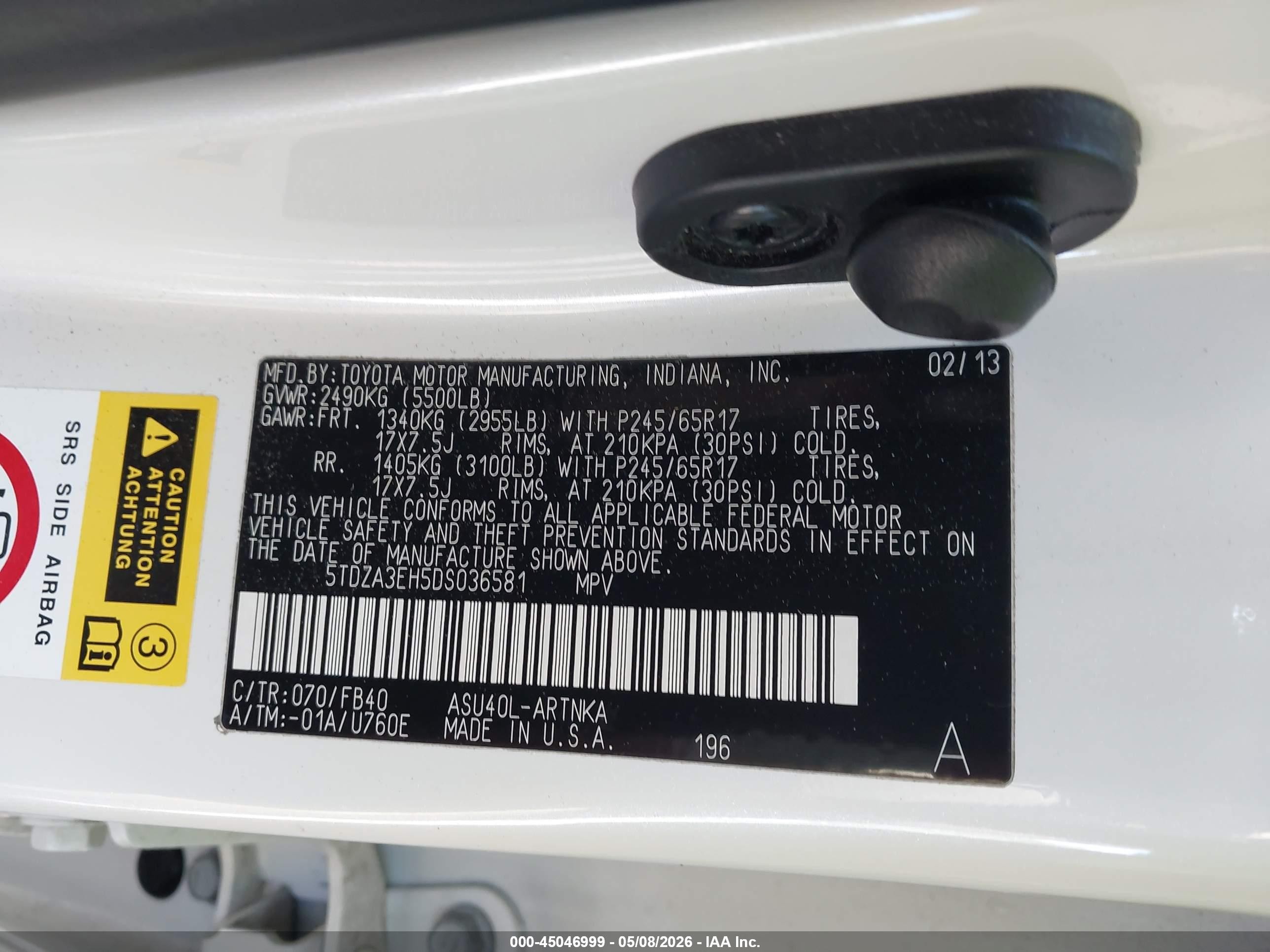 2013 Toyota Highlander   White vin: 5TDZA3EH5DS036581