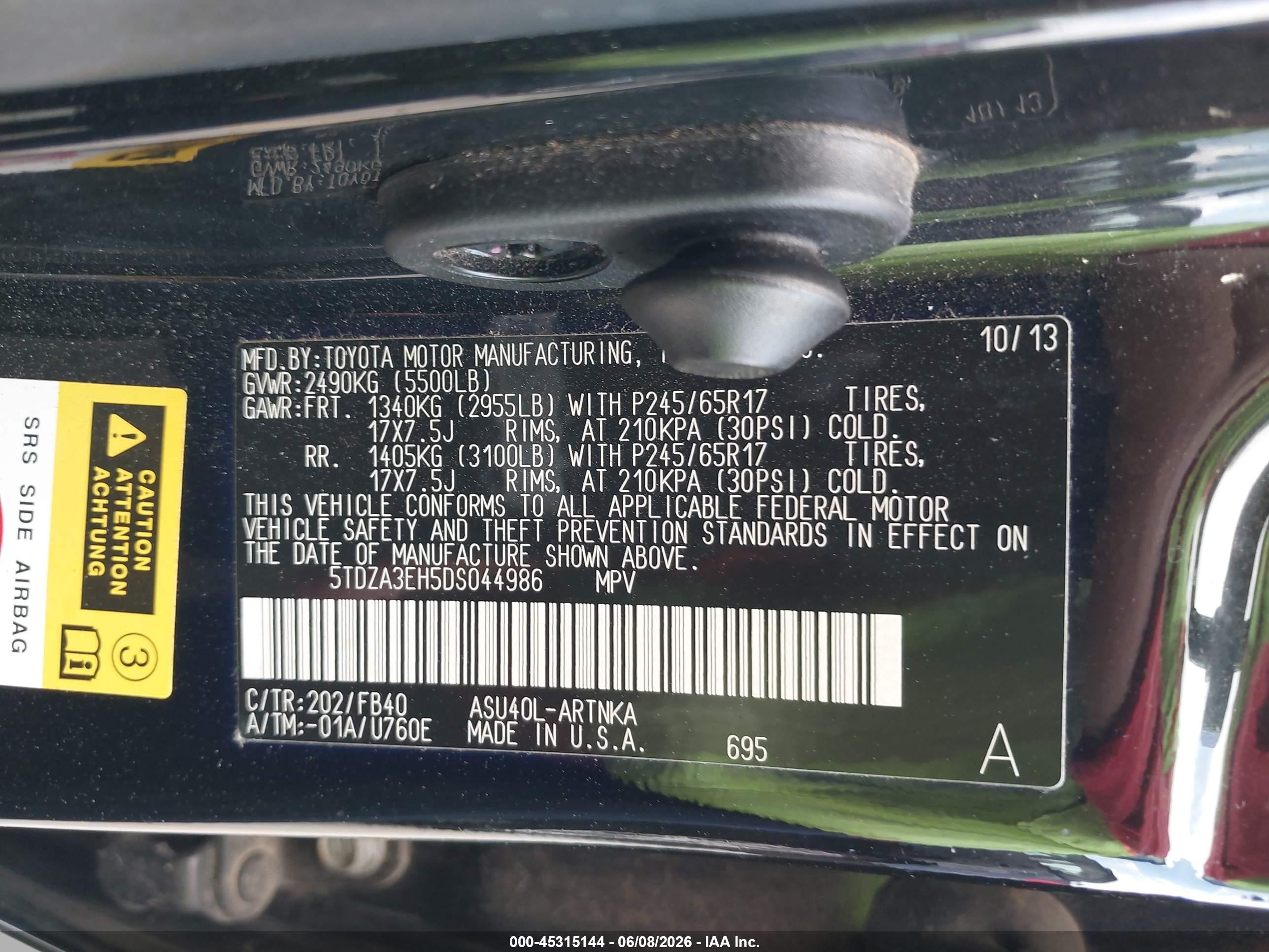 2013 Toyota Highlander   Black vin: 5TDZA3EH5DS044986