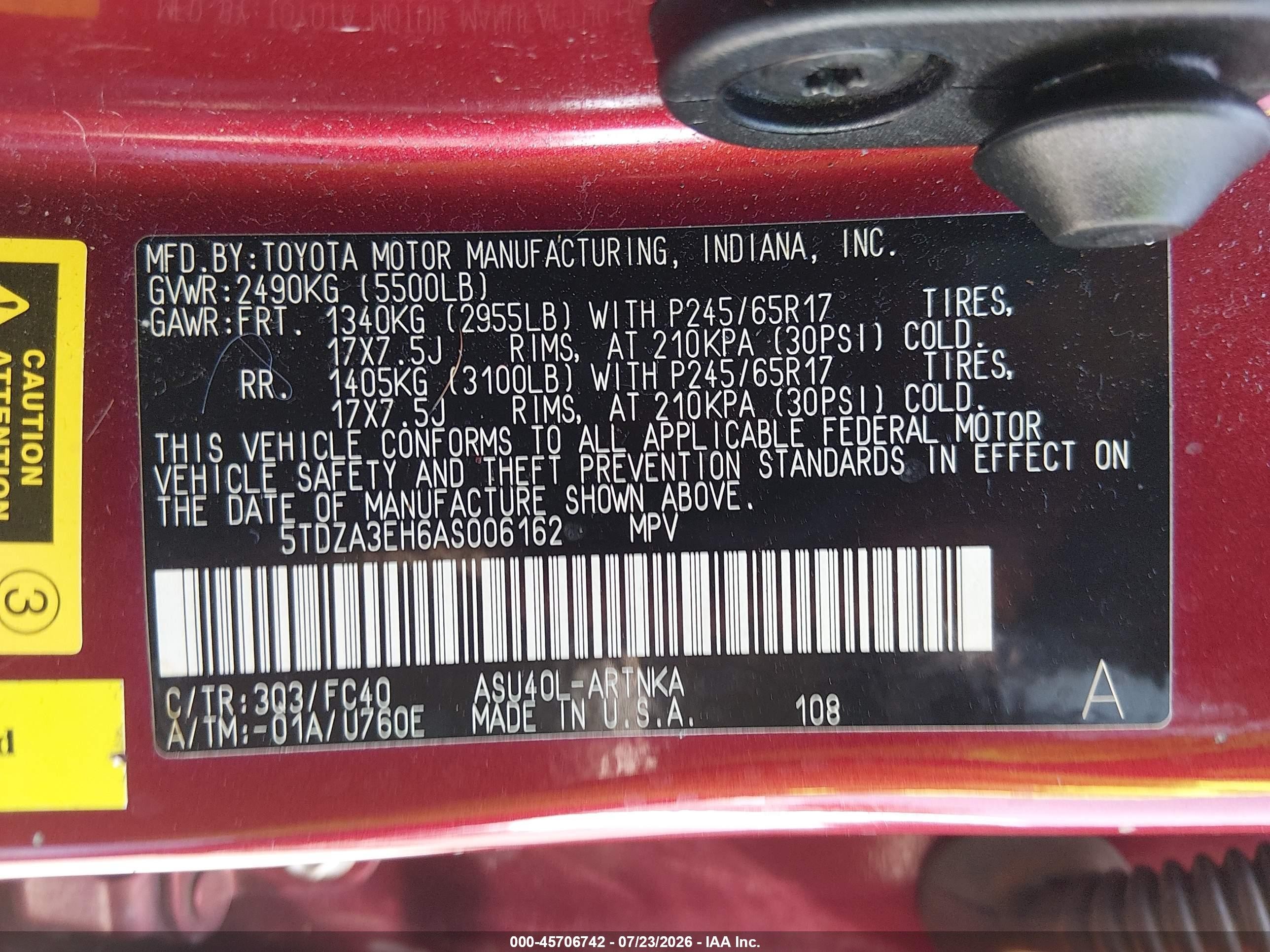 2010 Toyota Highlander Red vin: 5TDZA3EH6AS006162