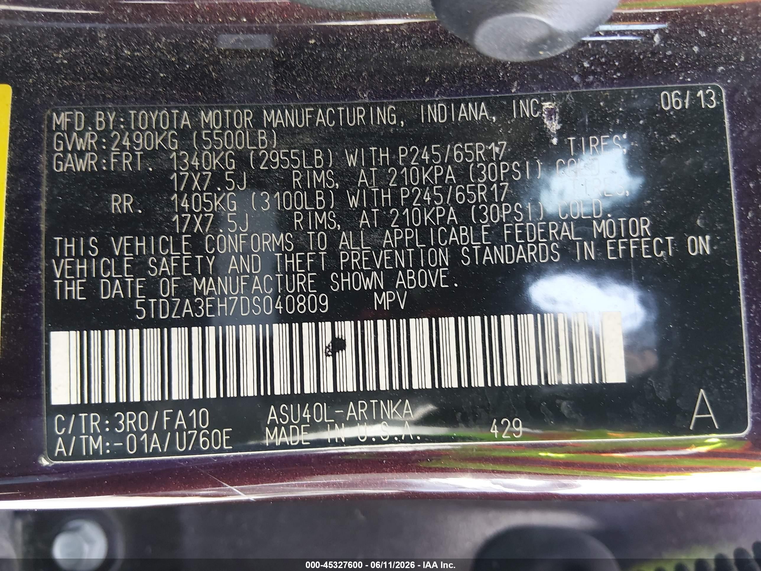 2013 Toyota Highlander Base Plus Purple vin: 5TDZA3EH7DS040809