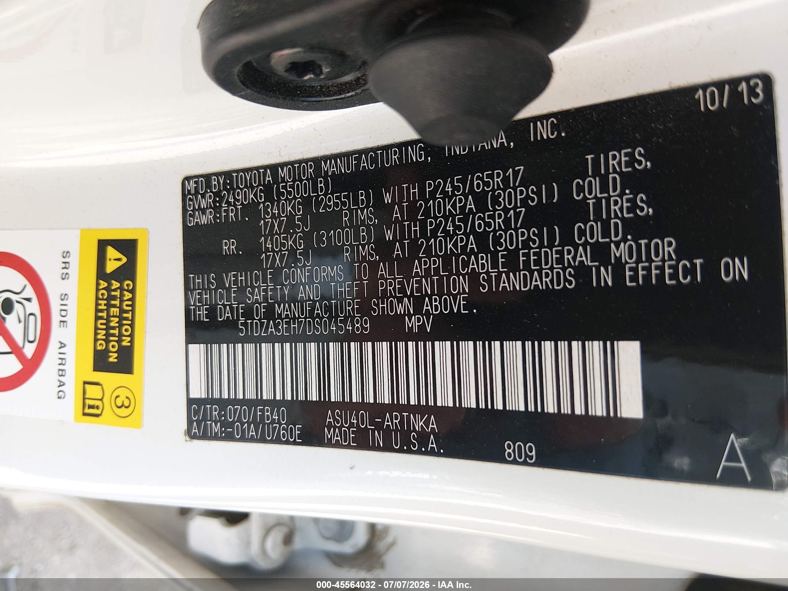 2013 Toyota Highlander   White vin: 5TDZA3EH7DS045489