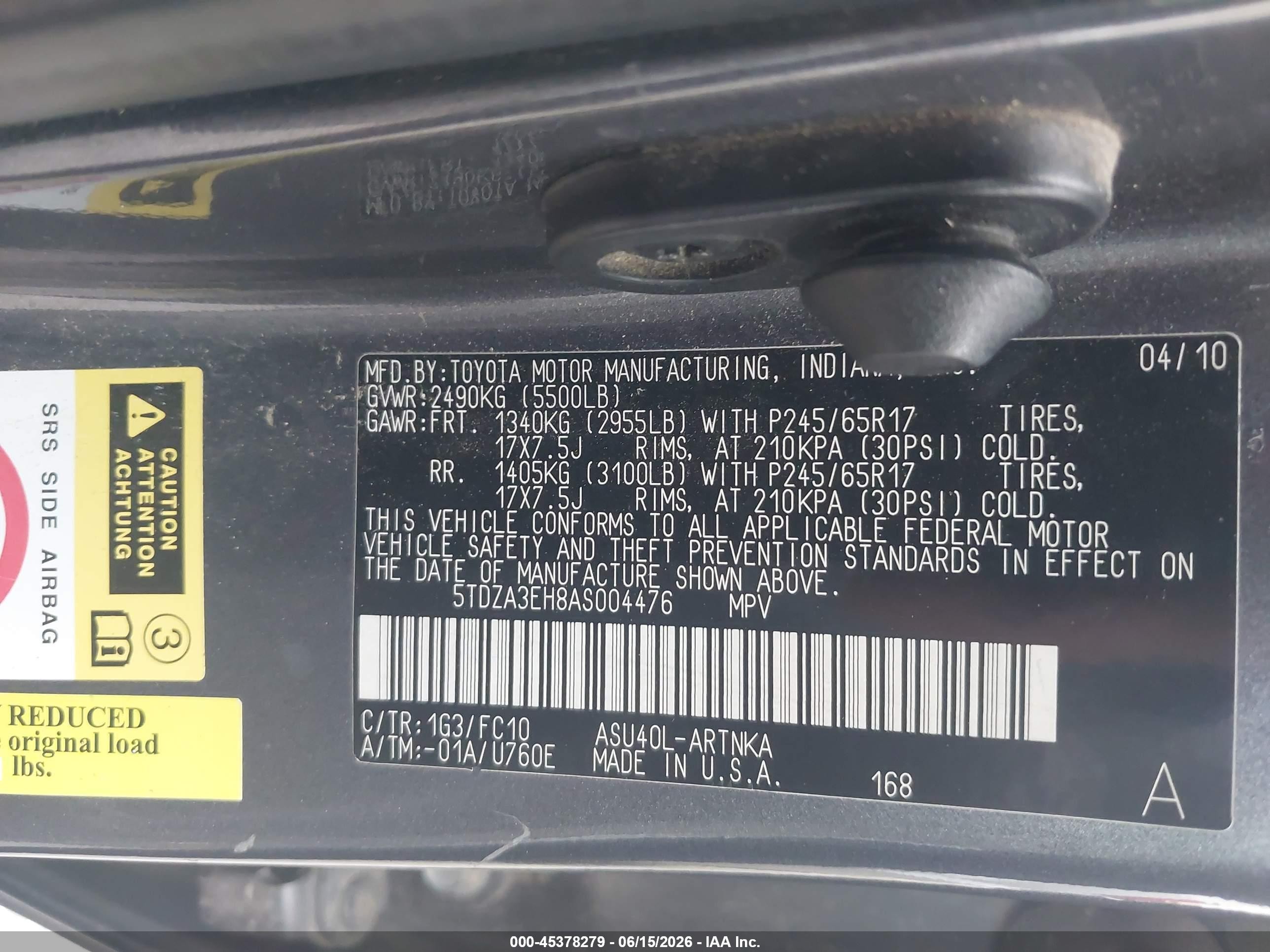 2010 Toyota Highlander   Gray vin: 5TDZA3EH8AS004476