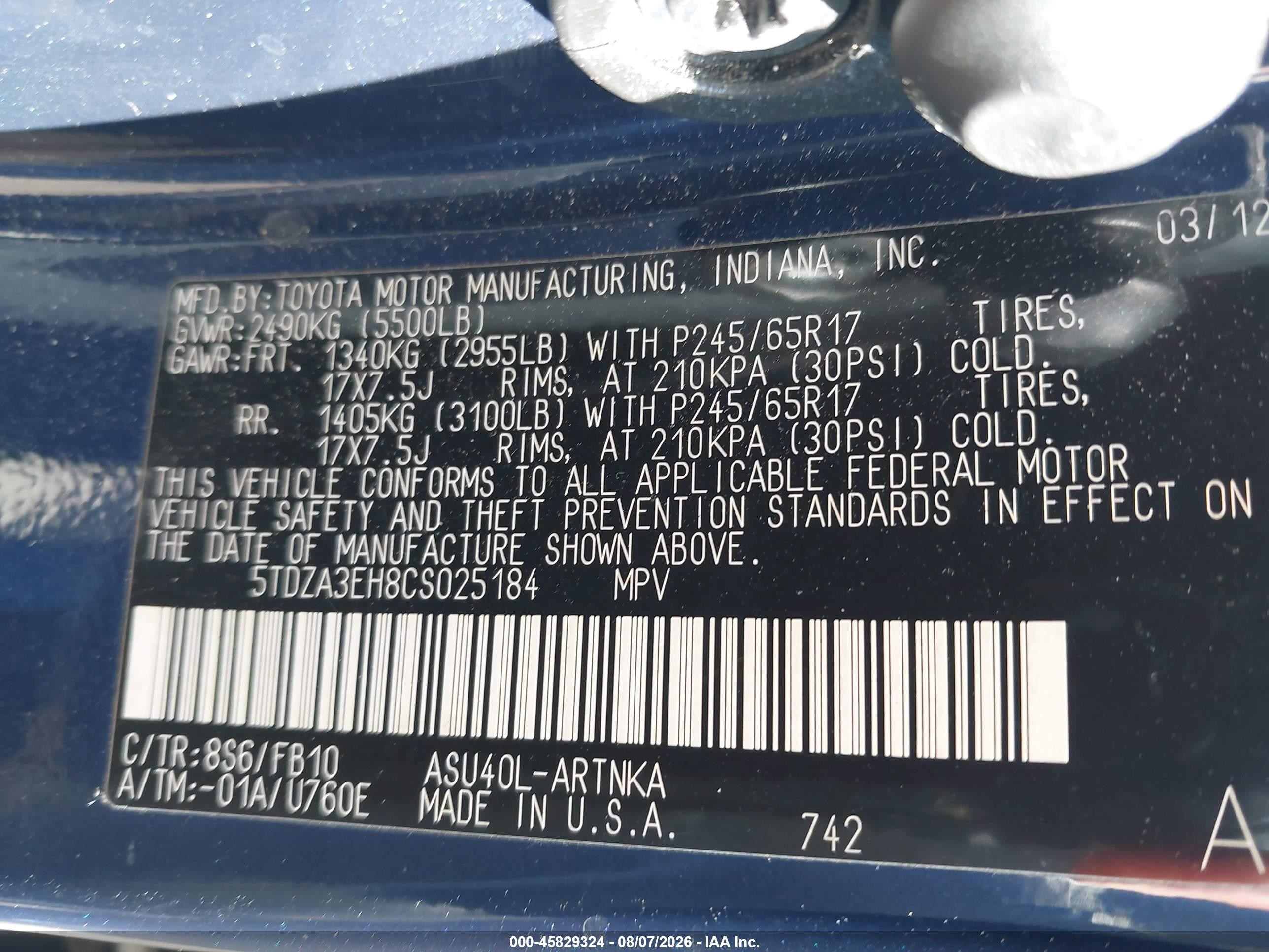 2012 Toyota Highlander   Blue vin: 5TDZA3EH8CS025184