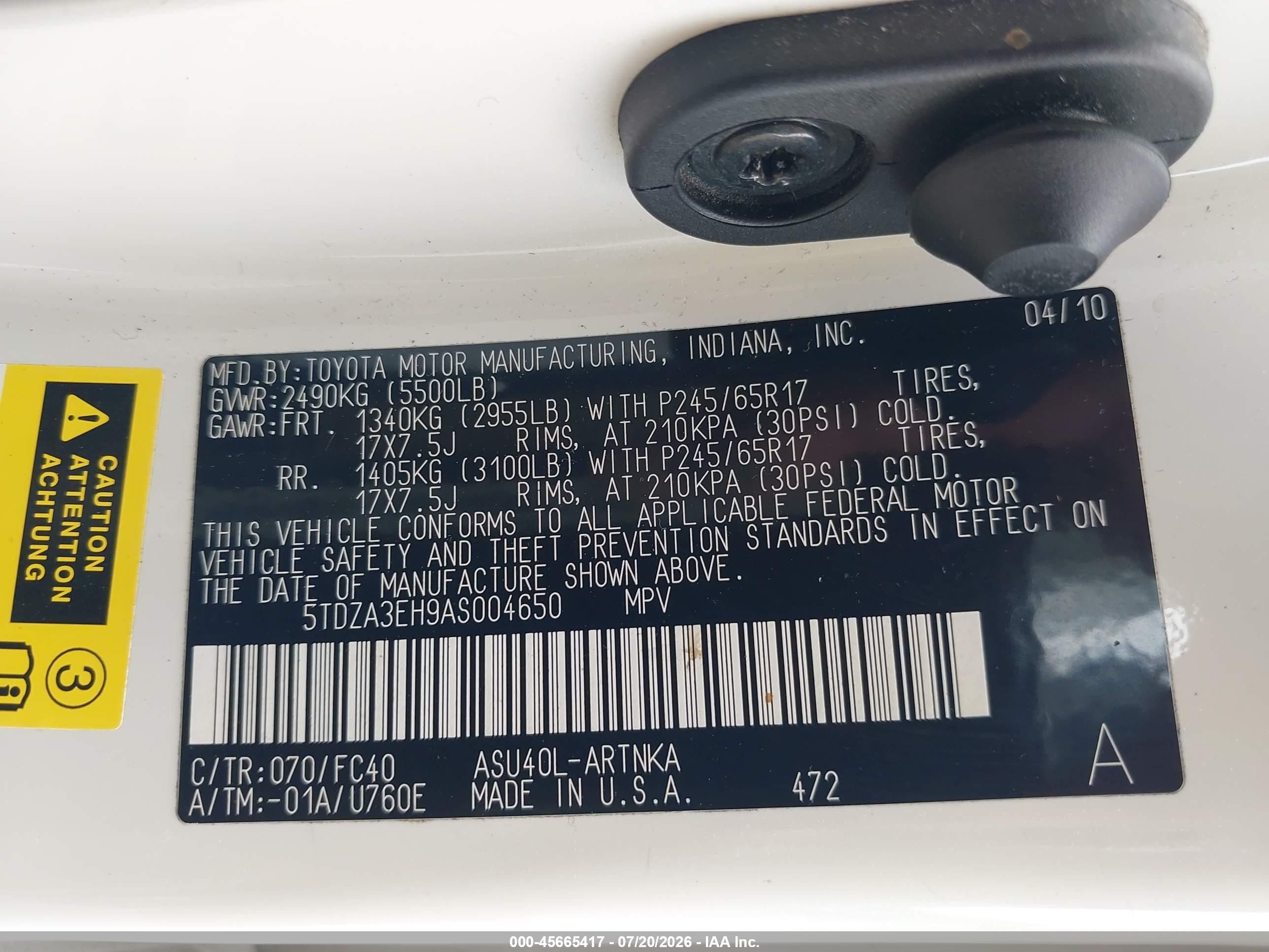 2010 Toyota Highlander   White vin: 5TDZA3EH9AS004650