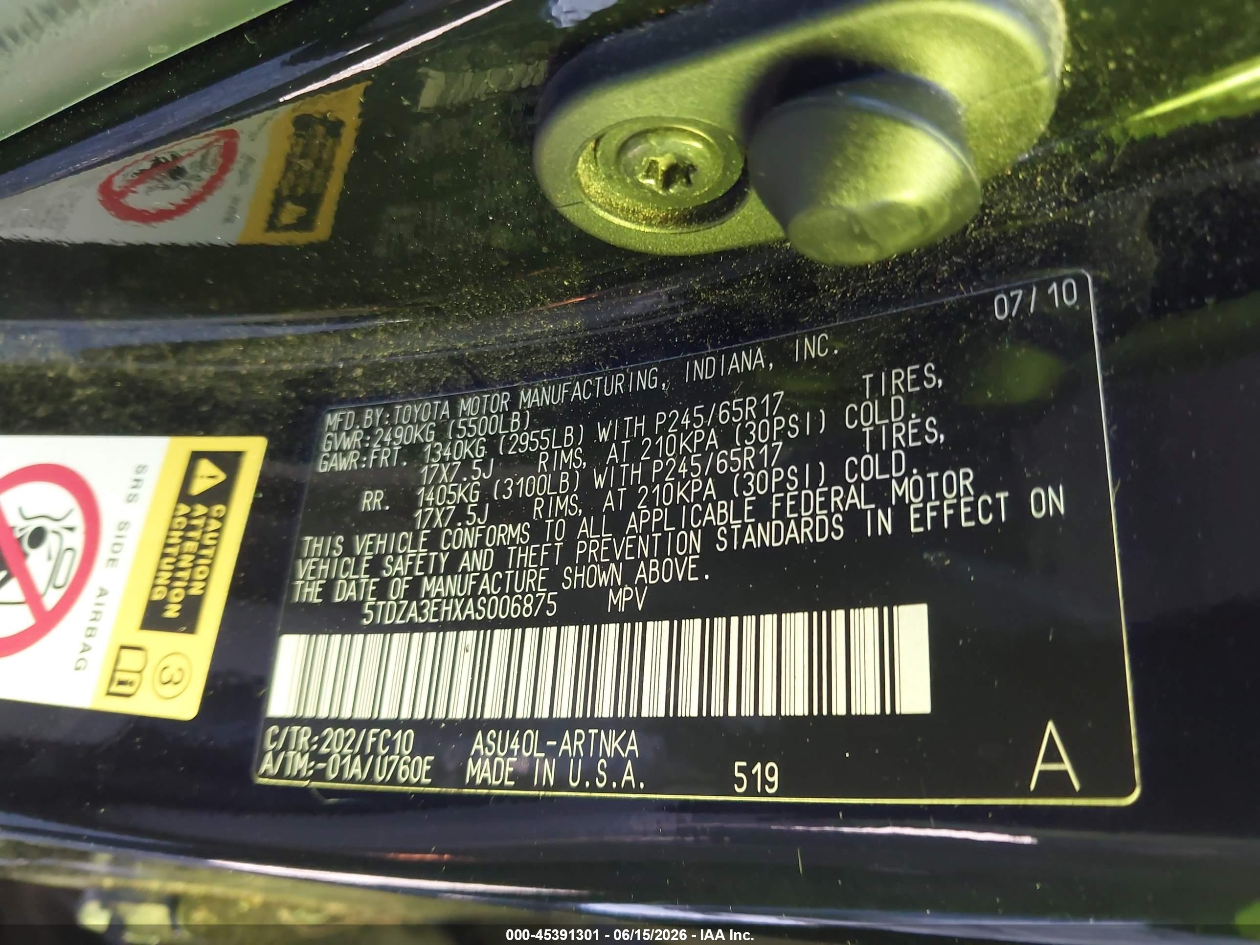 2010 Toyota Highlander   Black vin: 5TDZA3EHXAS006875