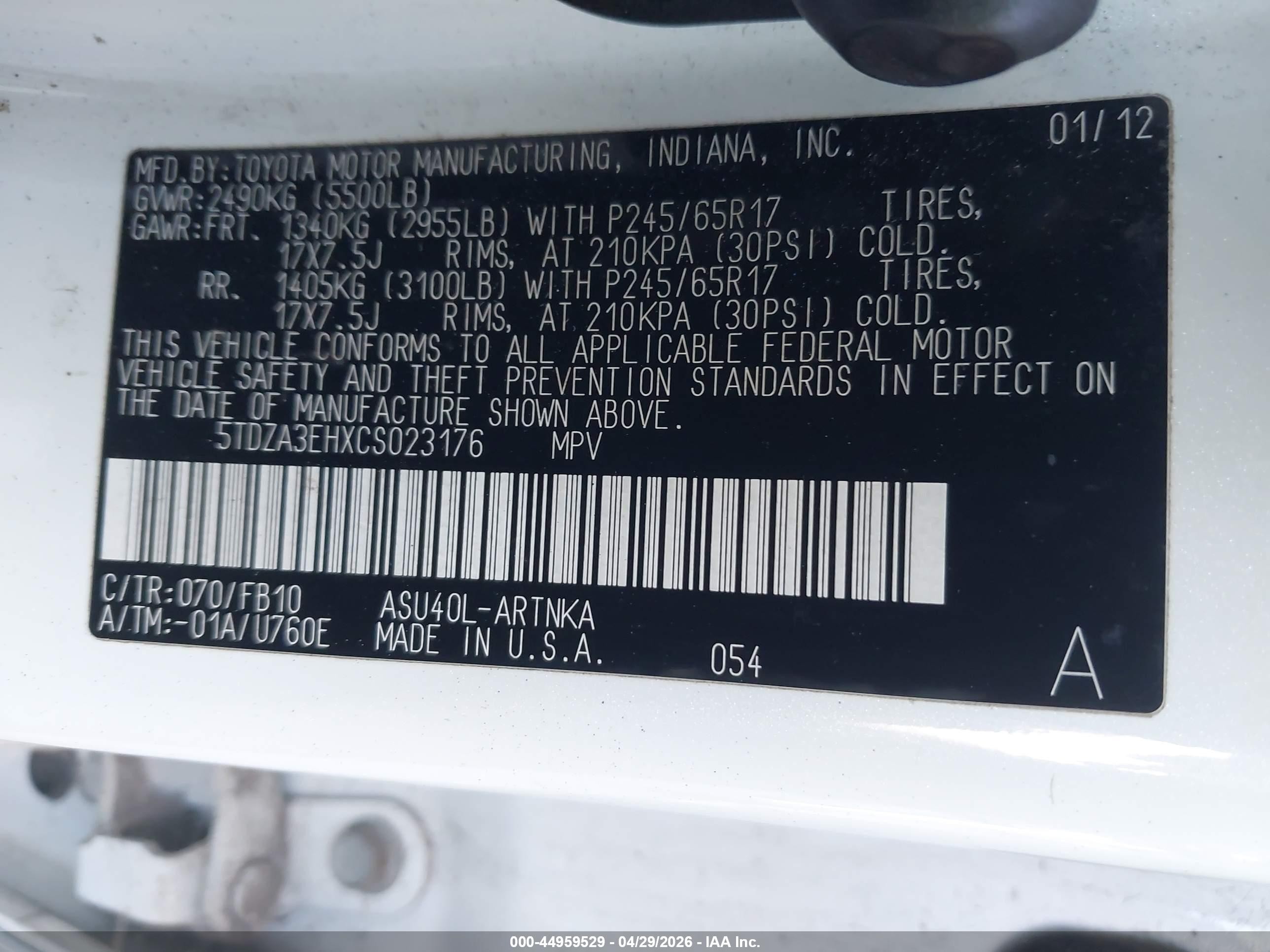 2012 Toyota Highlander   White vin: 5TDZA3EHXCS023176