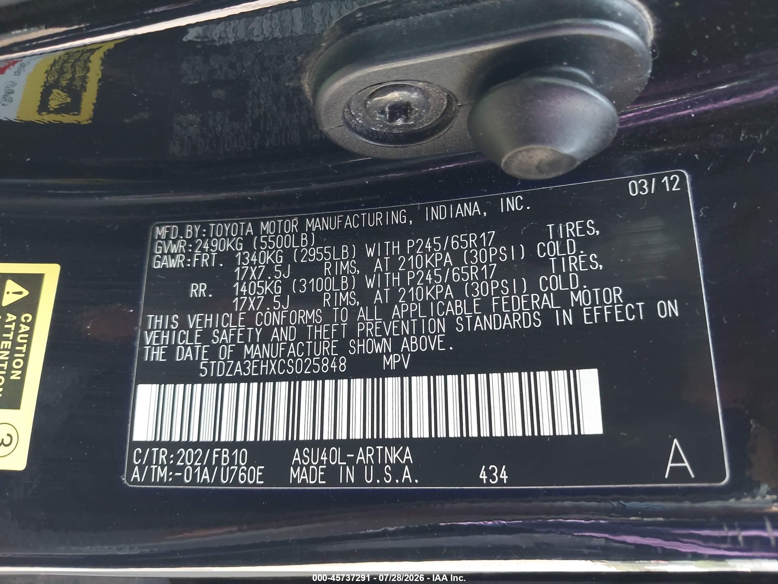2012 Toyota Highlander   Black vin: 5TDZA3EHXCS025848