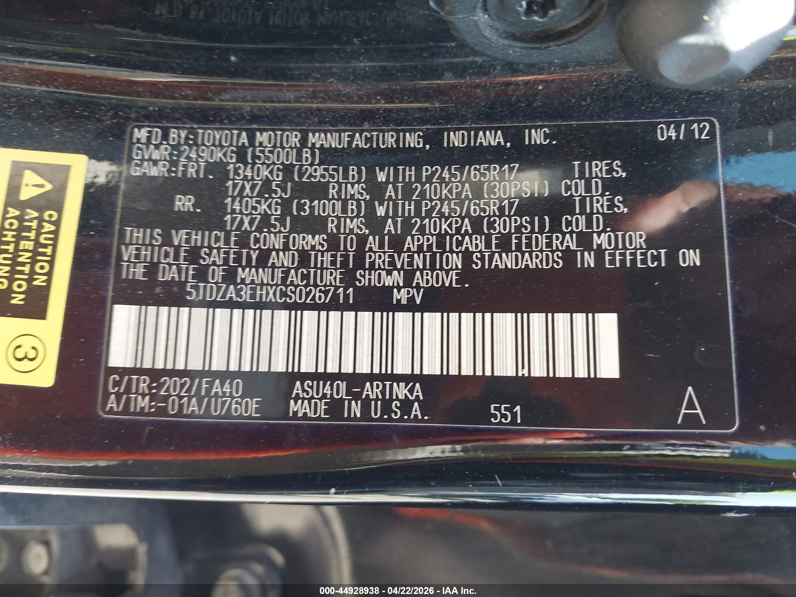 2012 Toyota Highlander   Black vin: 5TDZA3EHXCS026711