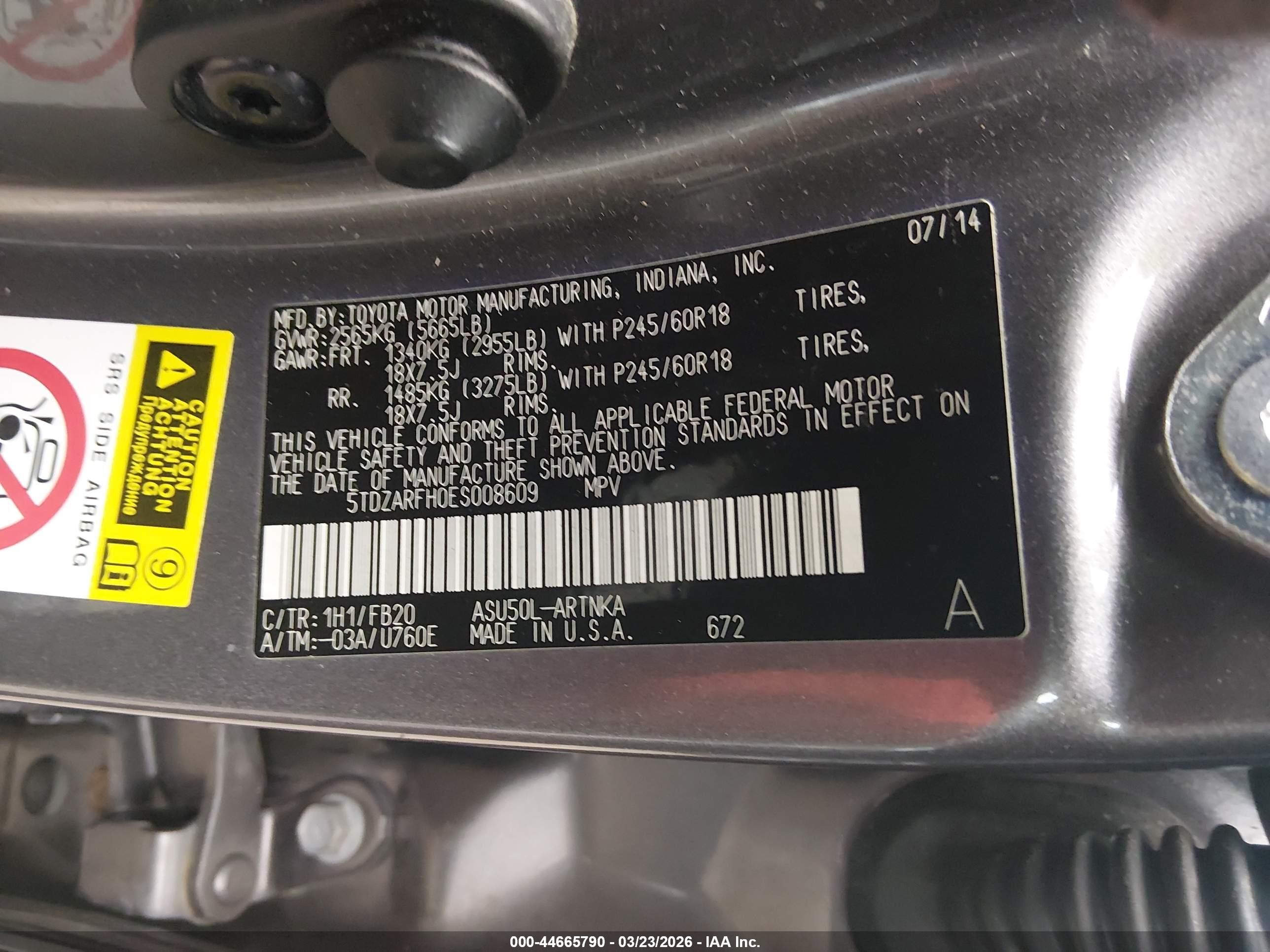 2014 Toyota Highlander Le Gray vin: 5TDZARFH0ES008609