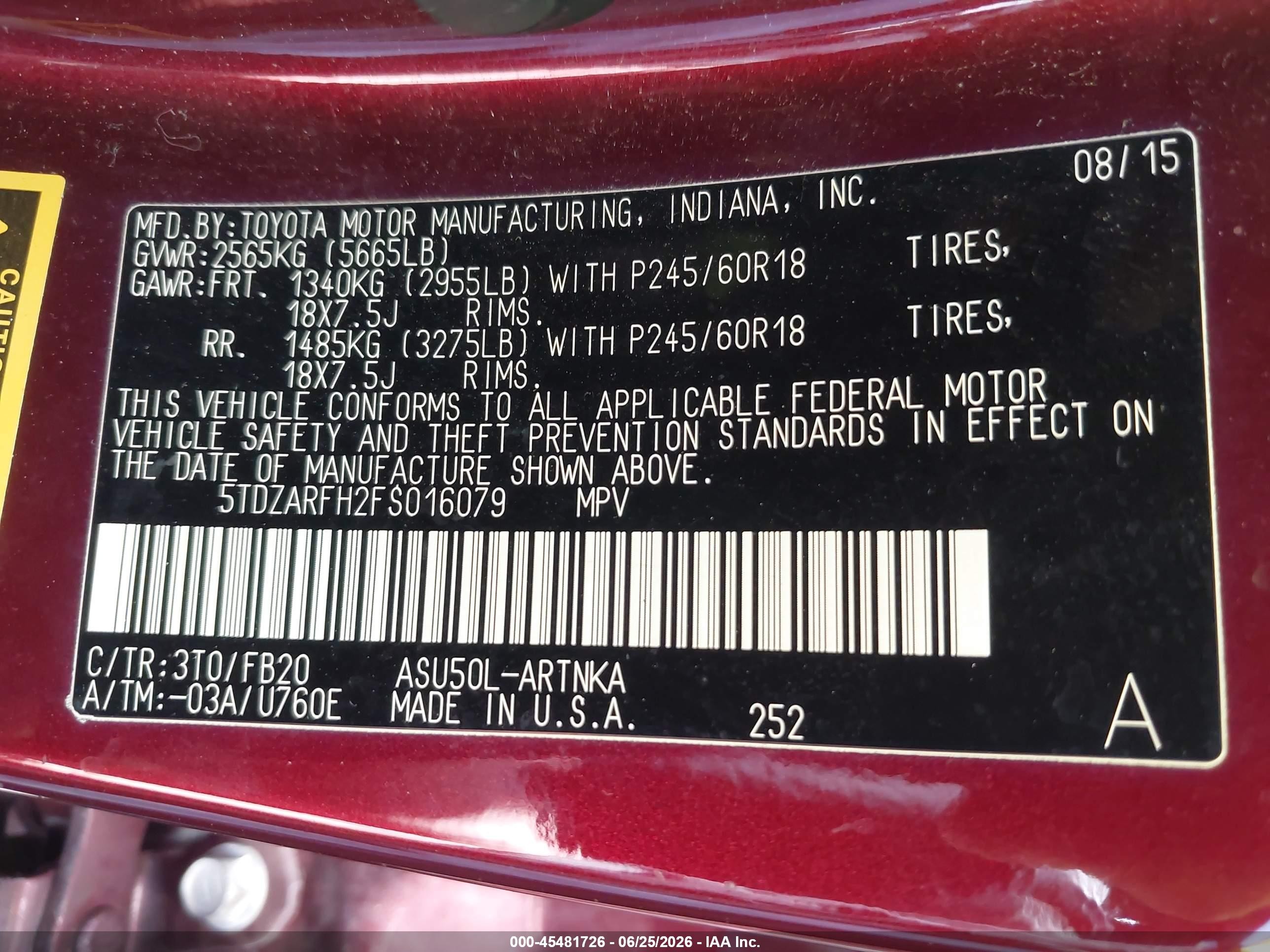 2015 Toyota Highlander Le Maroon vin: 5TDZARFH2FS016079