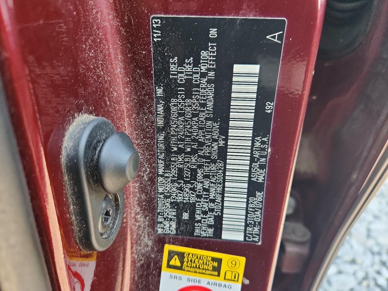 2014 Toyota Highlander Le Burgundy vin: 5TDZARFH6ES004287