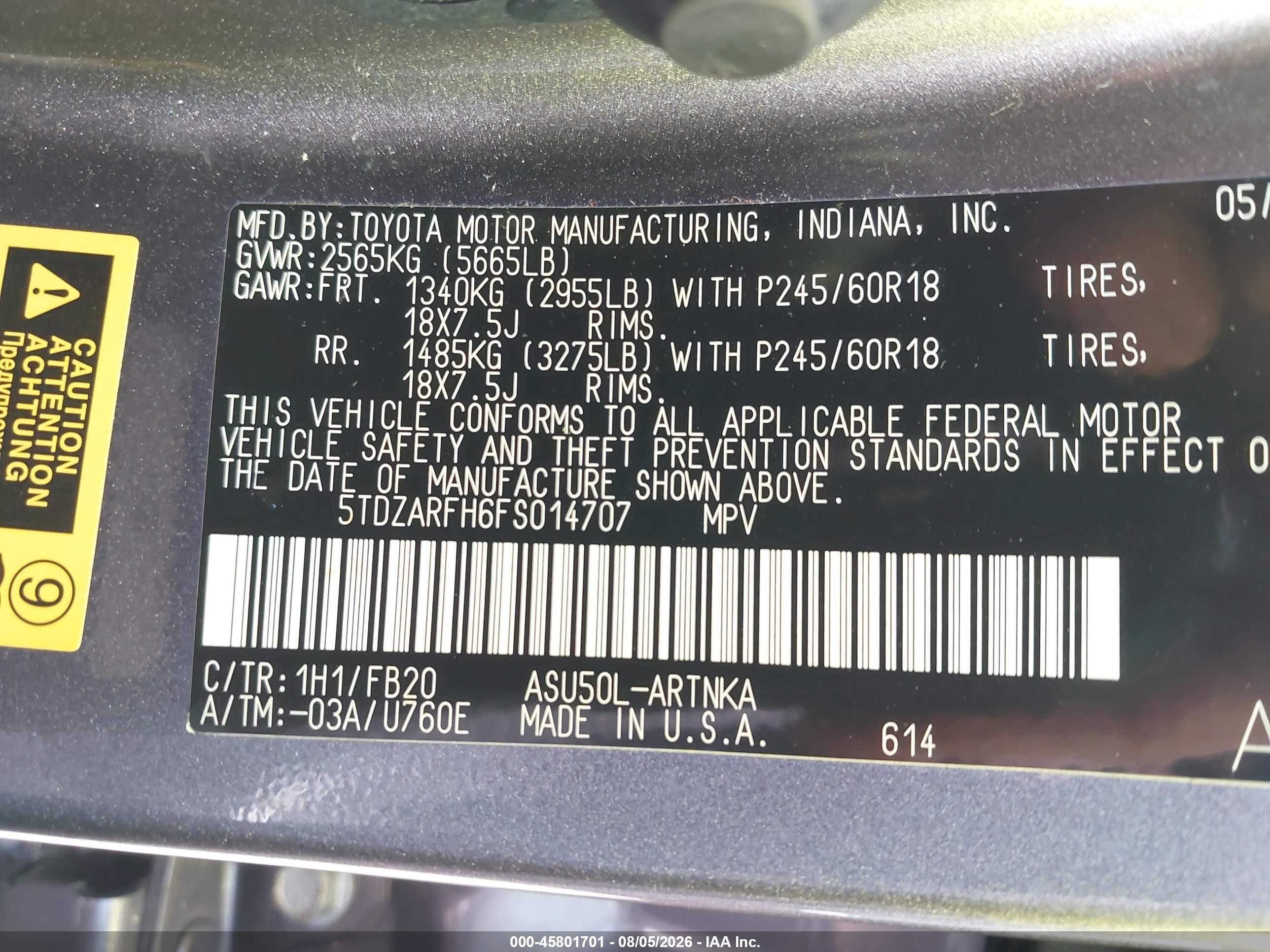 2015 Toyota Highlander Le Gray vin: 5TDZARFH6FS014707