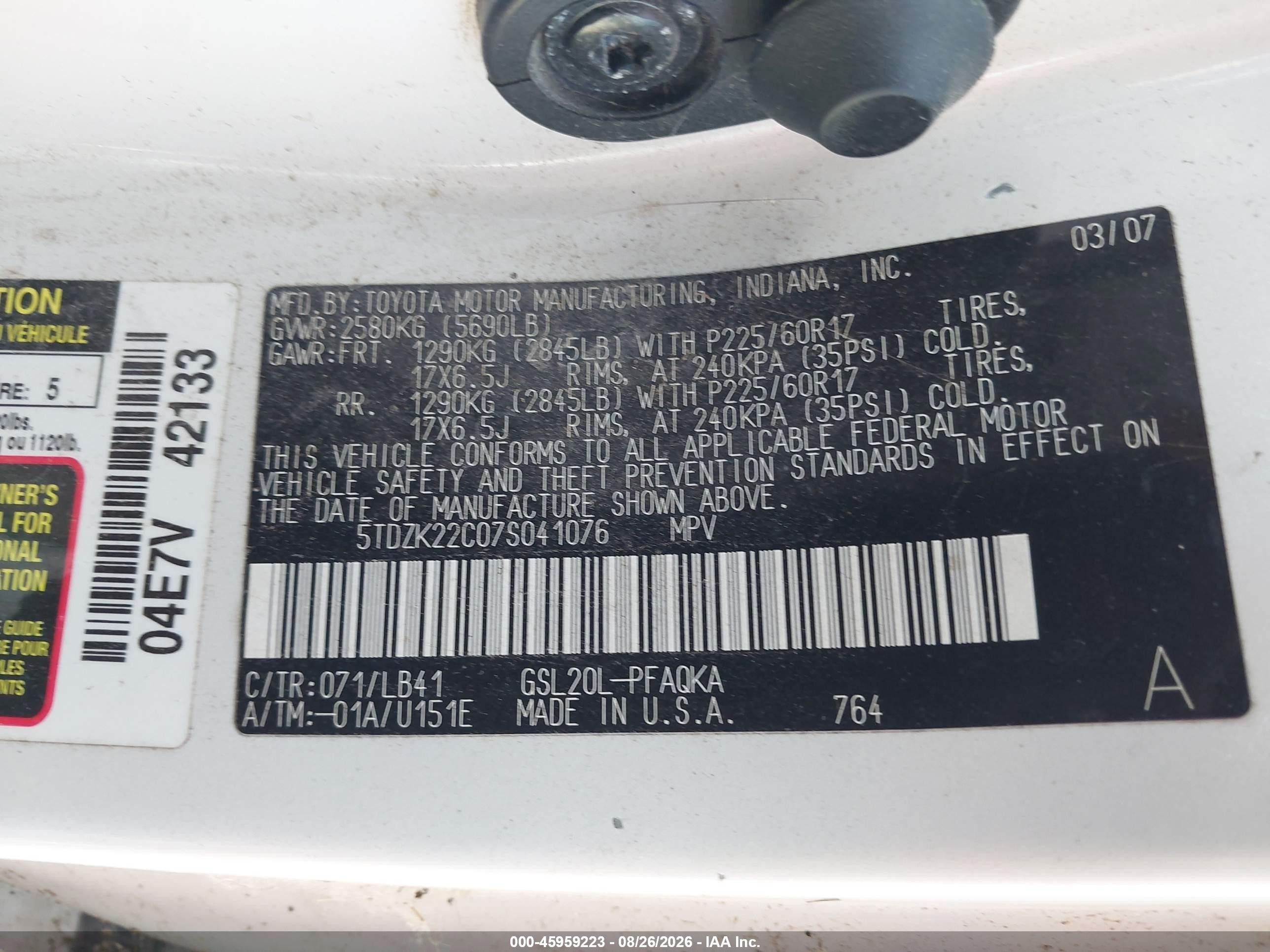 2007 Toyota Sienna Xle White vin: 5TDZK22C07S041076