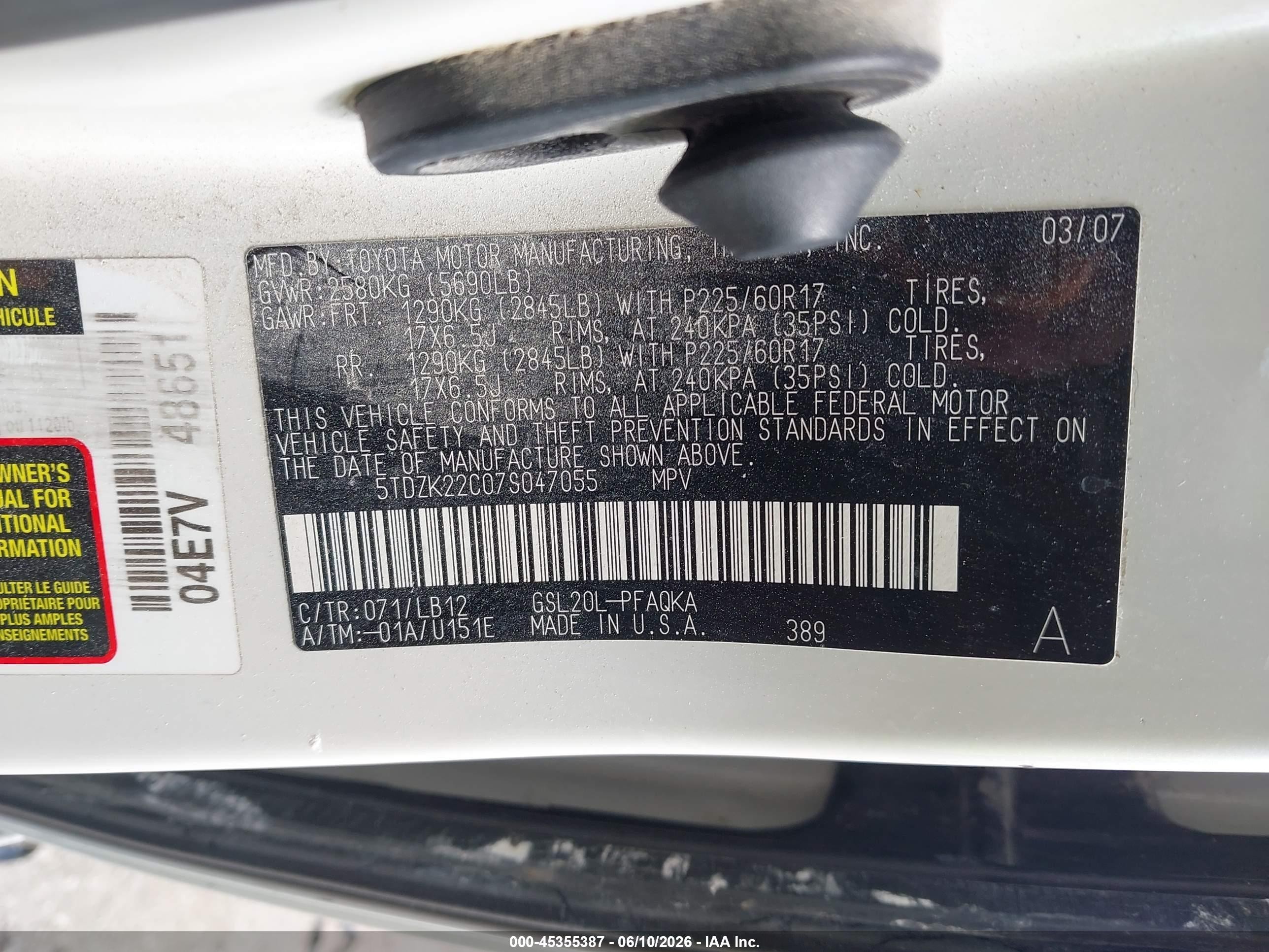 2007 Toyota Sienna Xle White vin: 5TDZK22C07S047055
