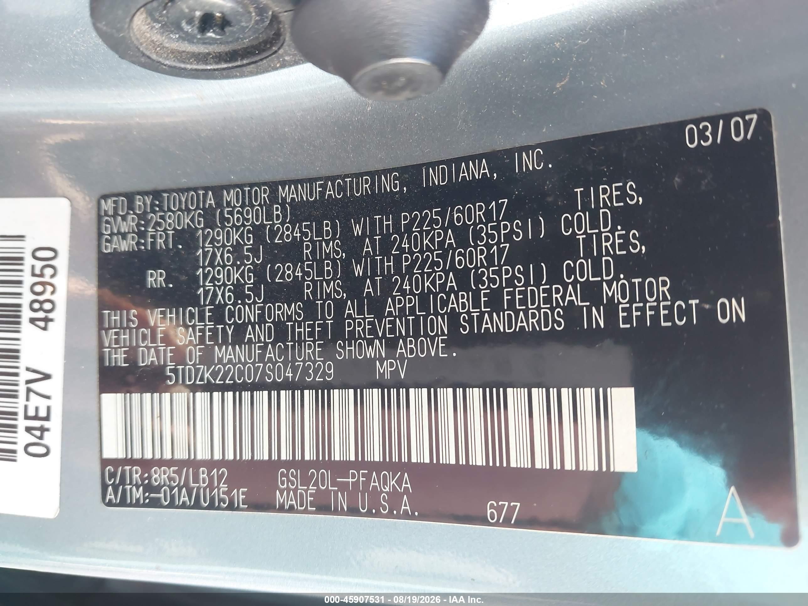 2007 Toyota Sienna Xle Turquoise vin: 5TDZK22C07S047329