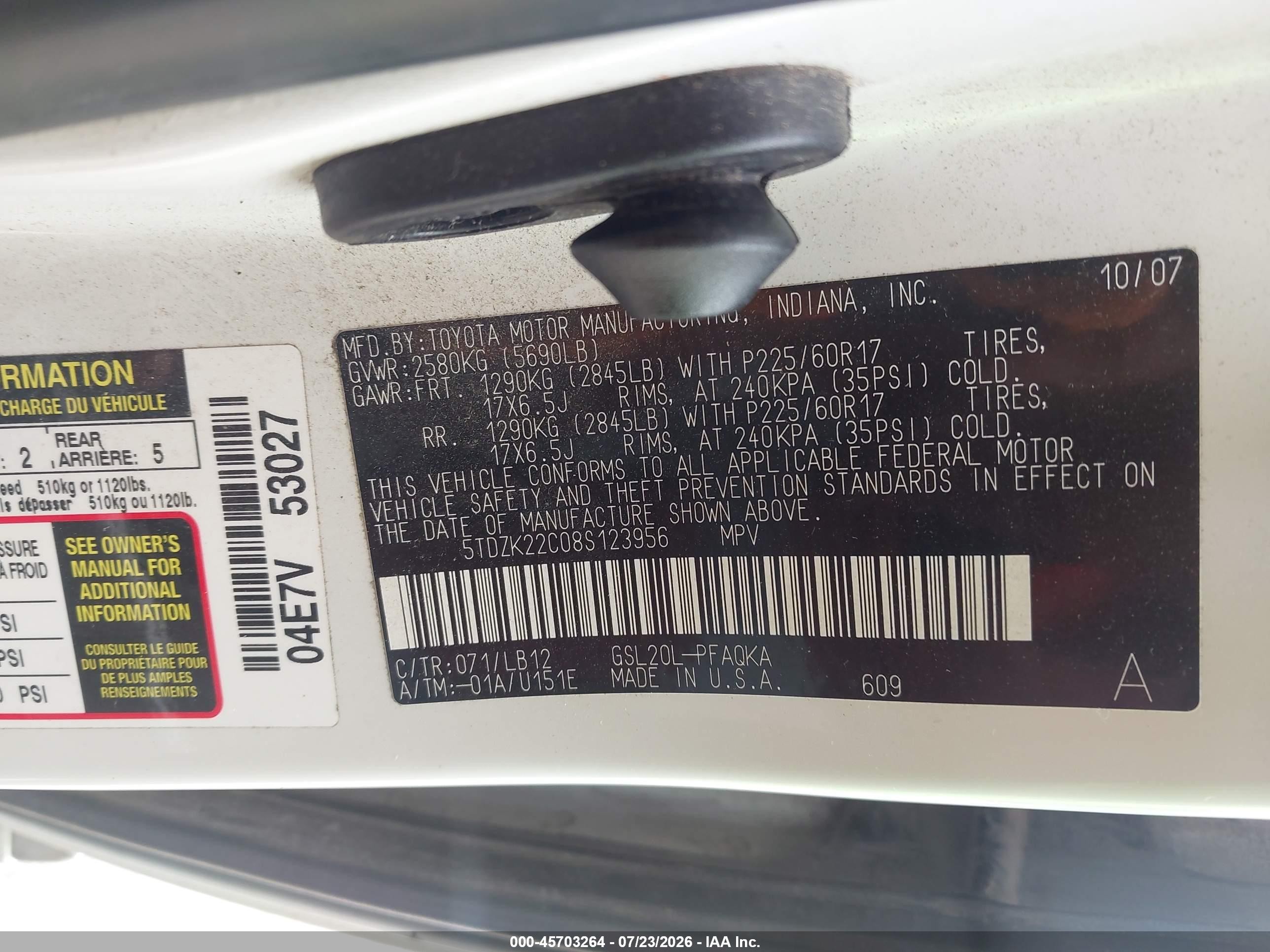 2008 Toyota Sienna Limited White vin: 5TDZK22C08S123956