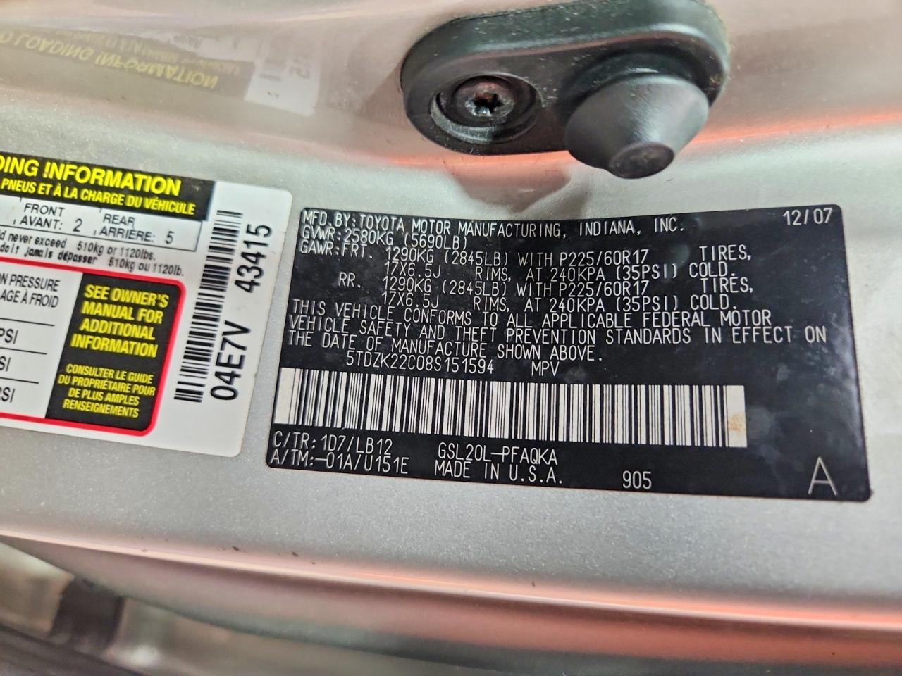 2008 Toyota Sienna Xle Silver vin: 5TDZK22C08S151594