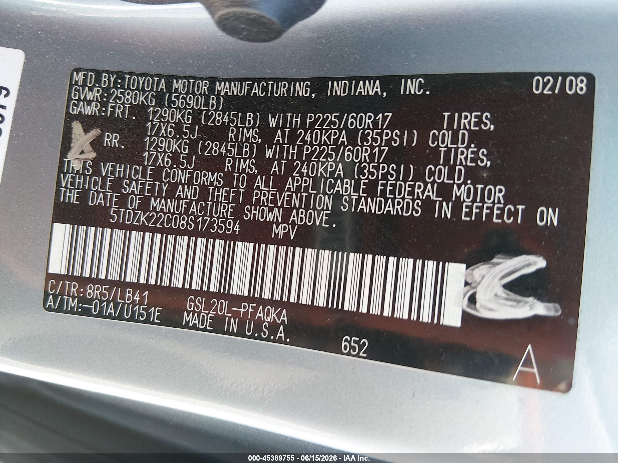 2008 Toyota Sienna Limited Turquoise vin: 5TDZK22C08S173594