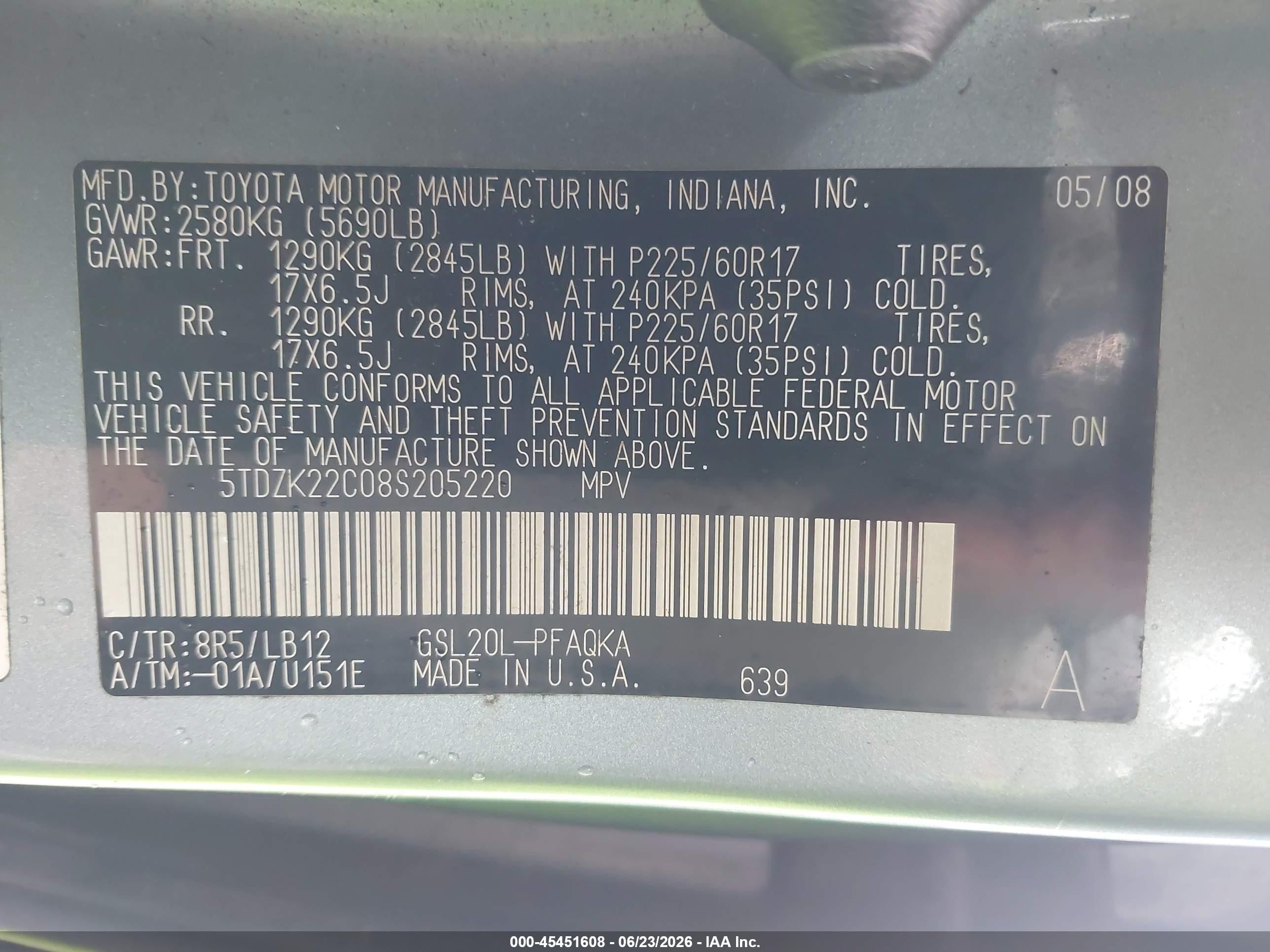 2008 Toyota Sienna Xle Blue vin: 5TDZK22C08S205220