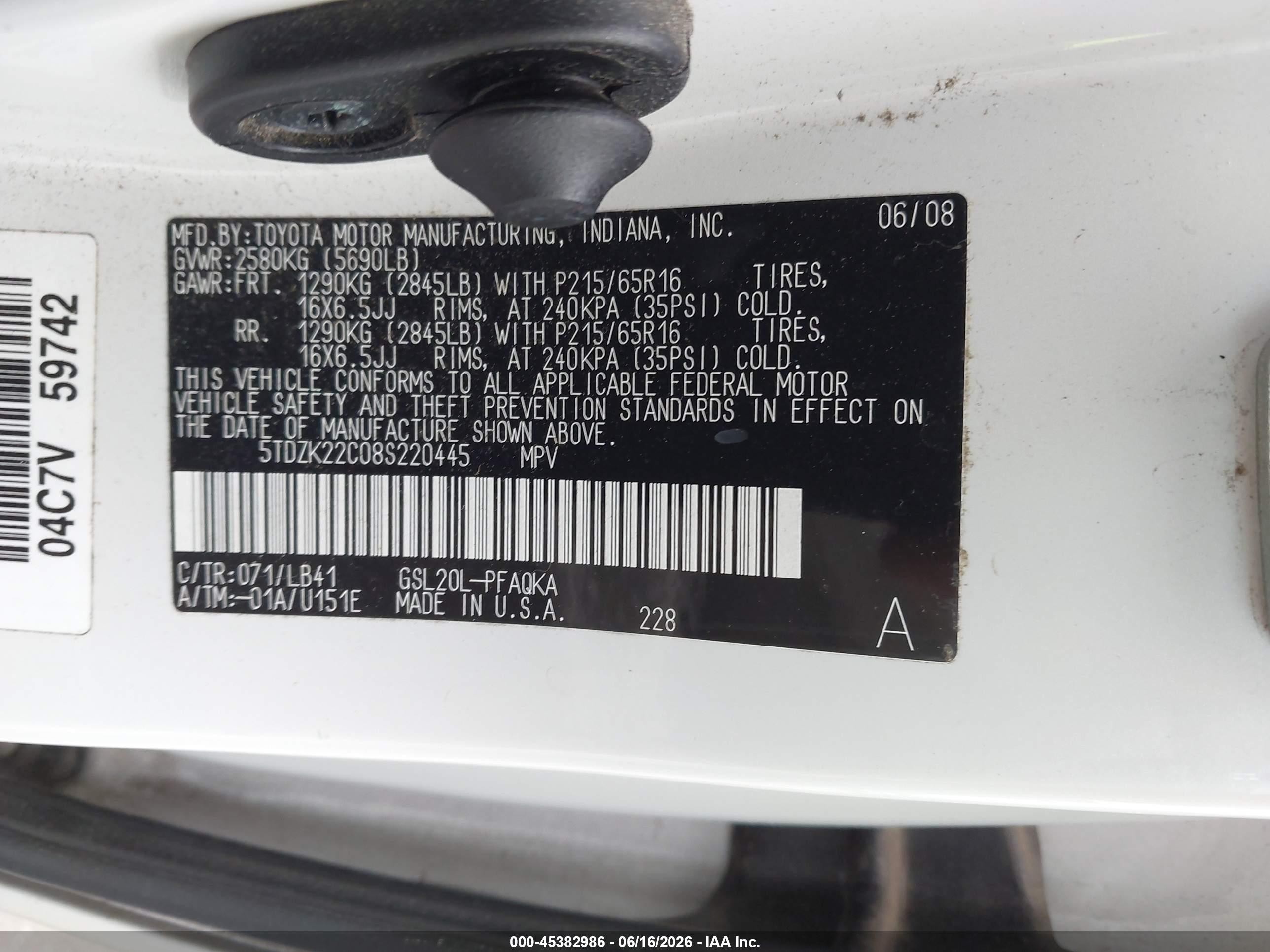 2008 Toyota Sienna Xle White vin: 5TDZK22C08S220445