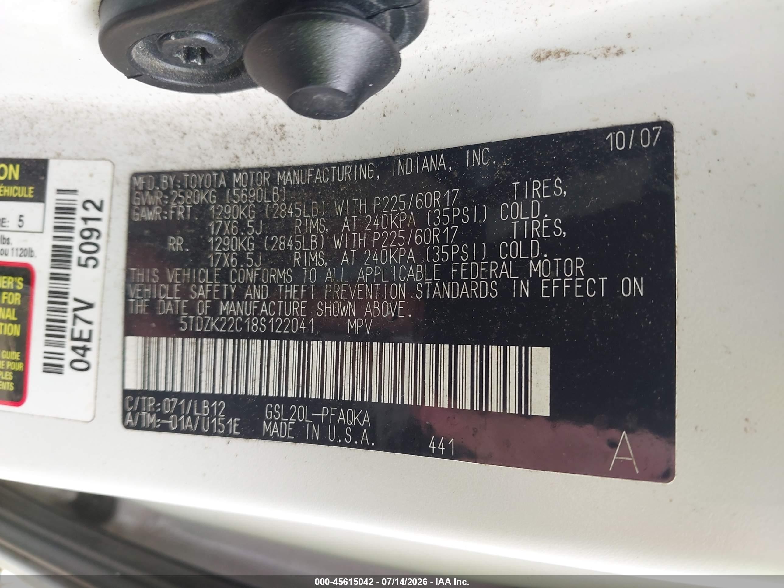 2008 Toyota Sienna Limited White vin: 5TDZK22C18S122041