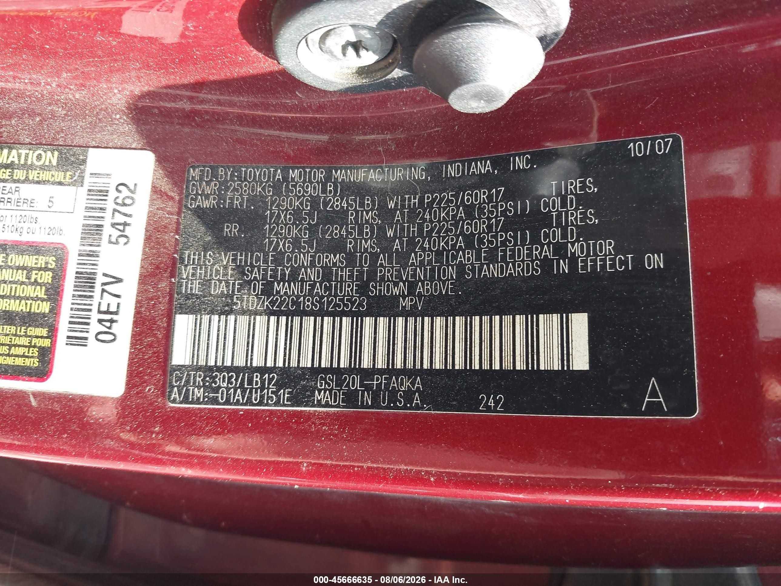 2008 Toyota Sienna Limited Red vin: 5TDZK22C18S125523