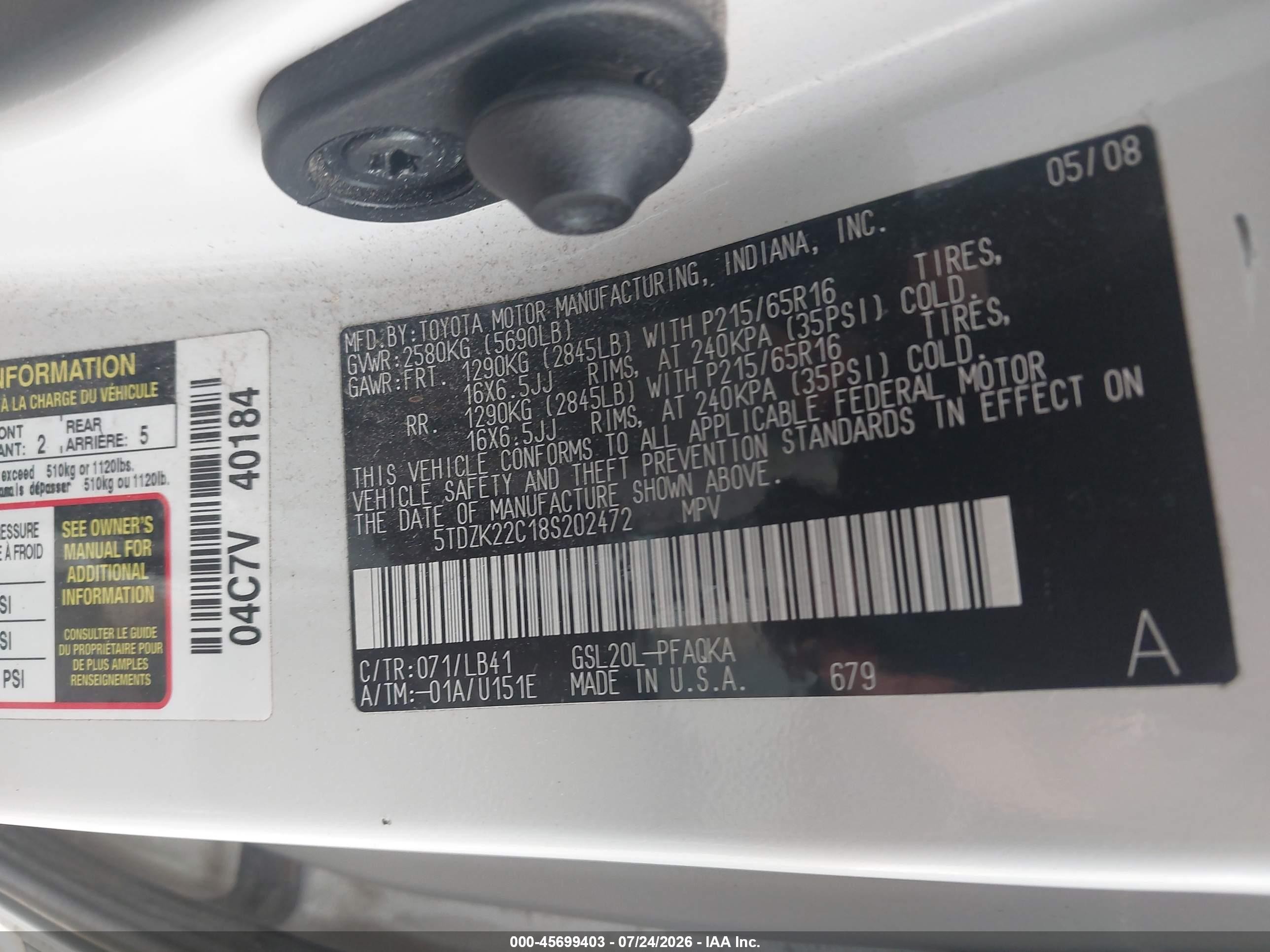 2008 Toyota Sienna Xle White vin: 5TDZK22C18S202472