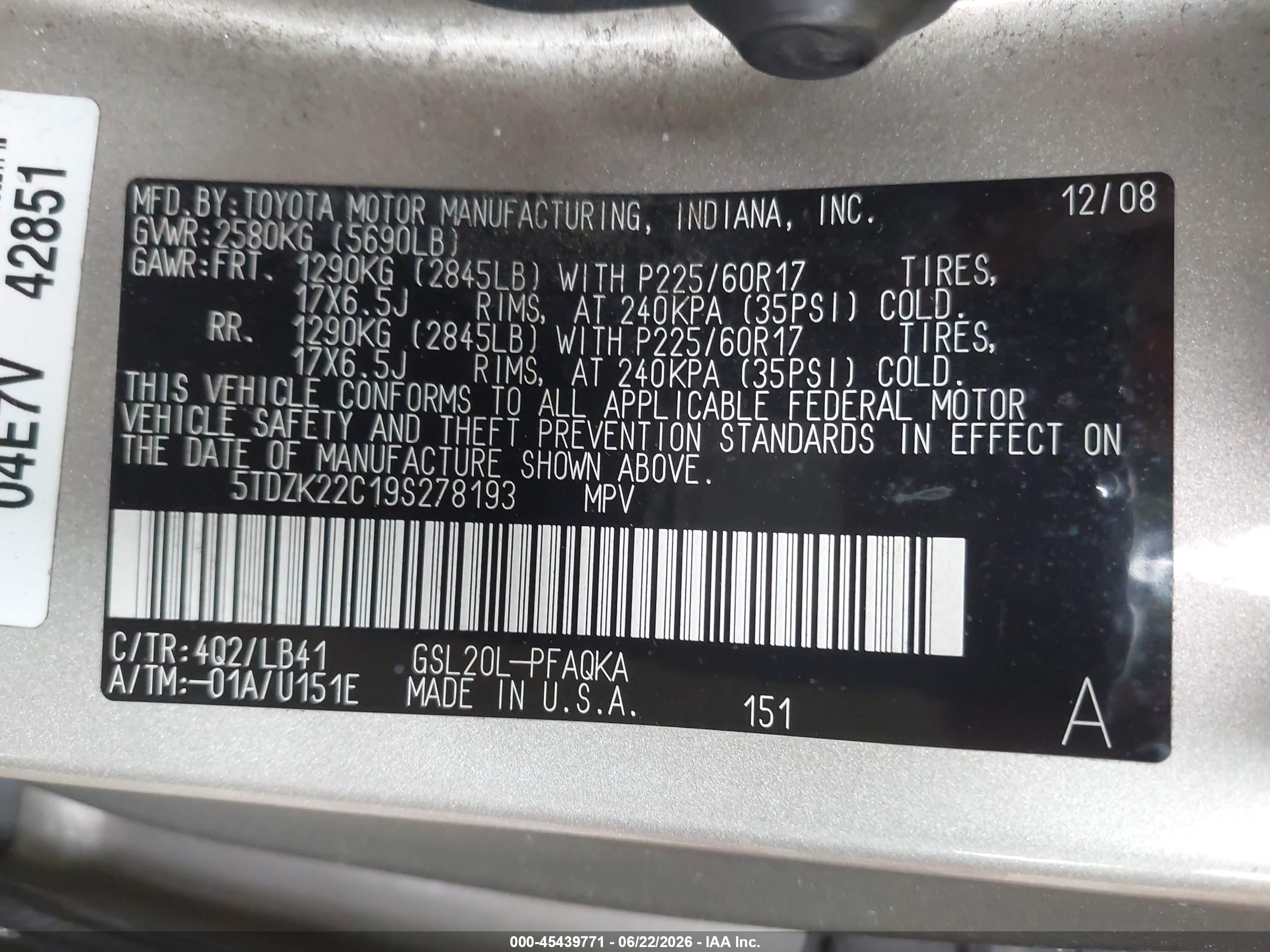 2009 Toyota Sienna Xle Champagne vin: 5TDZK22C19S278193
