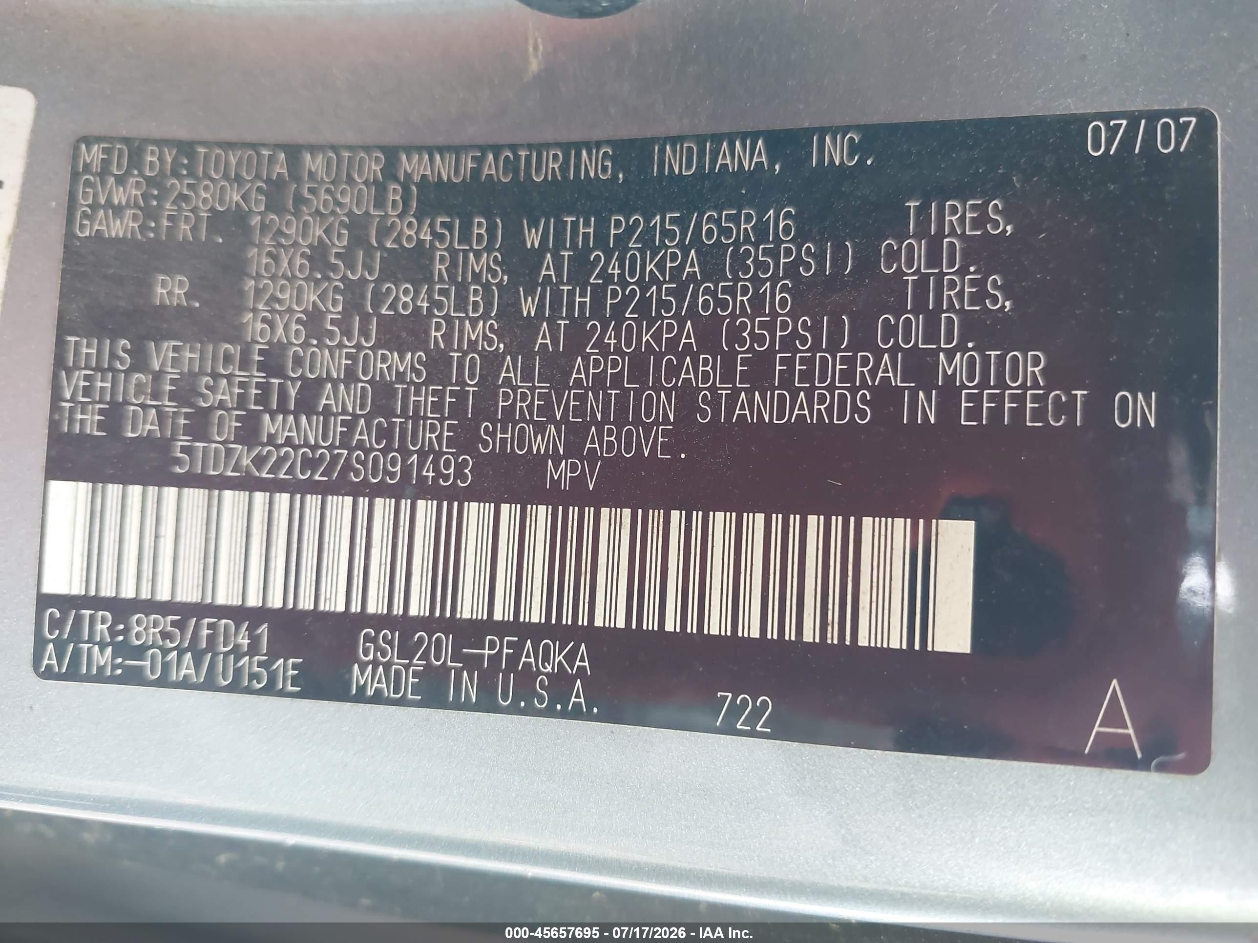 2007 Toyota Sienna Xle Blue vin: 5TDZK22C27S091493