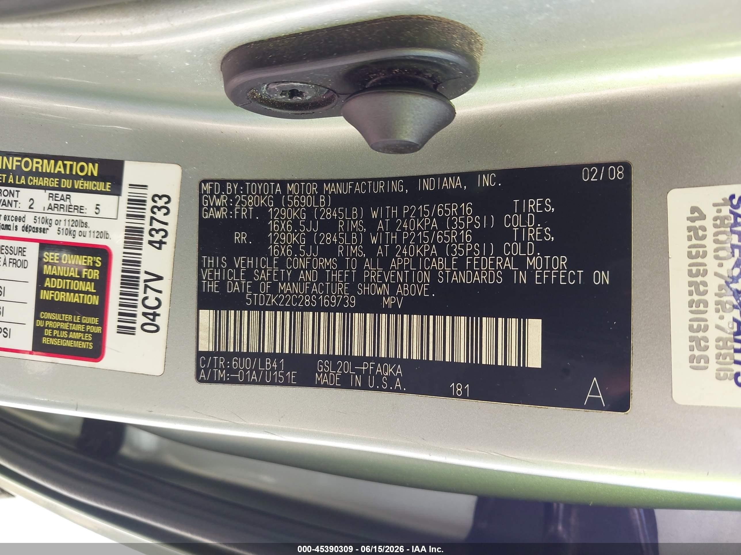 2008 Toyota Sienna Xle Green vin: 5TDZK22C28S169739