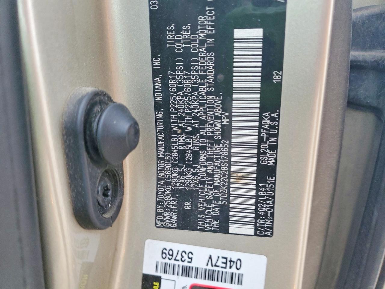 2008 Toyota Sienna Xle Желто-коричневый vin: 5TDZK22C28S178652