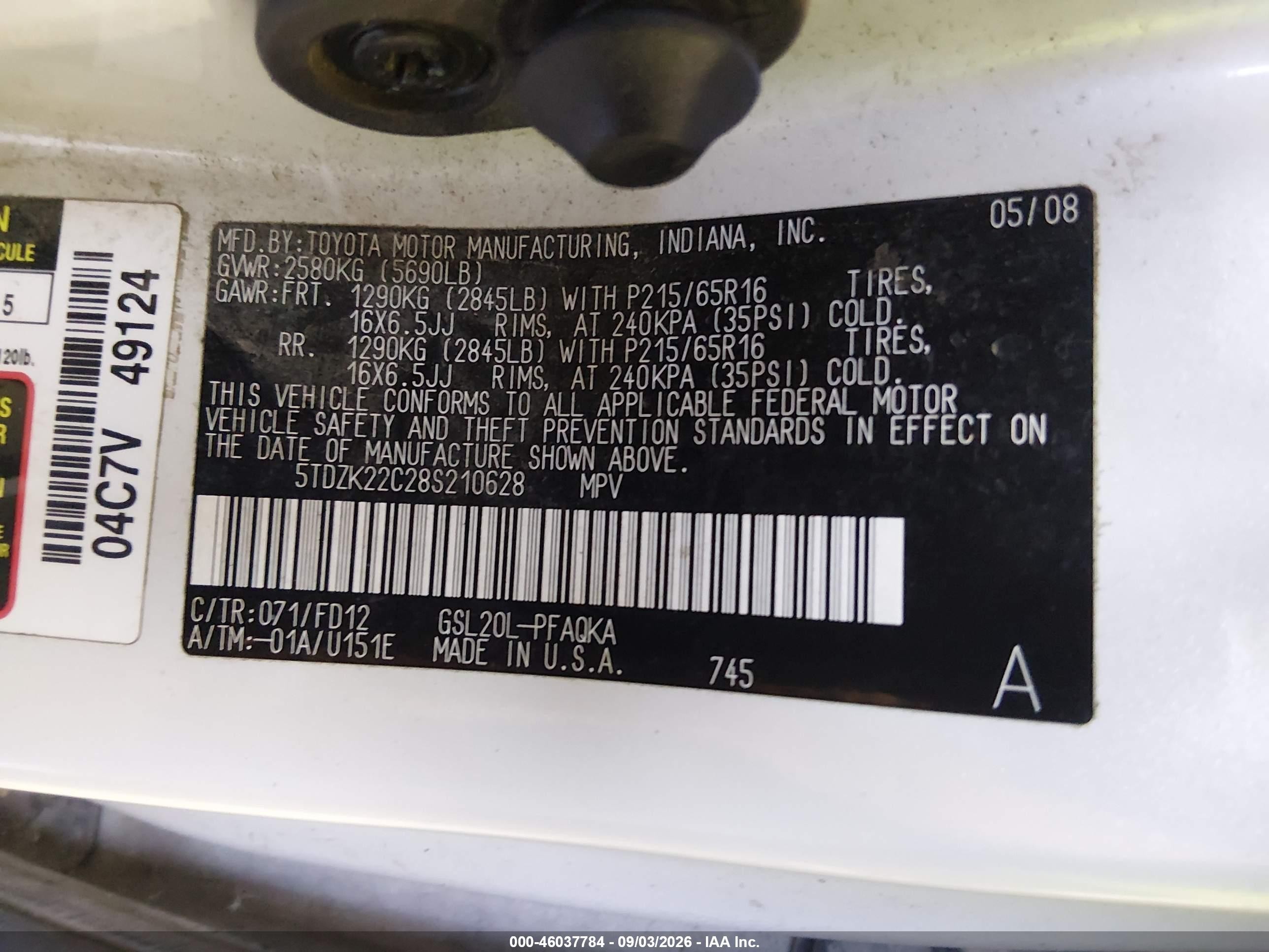 2008 Toyota Sienna Xle White vin: 5TDZK22C28S210628
