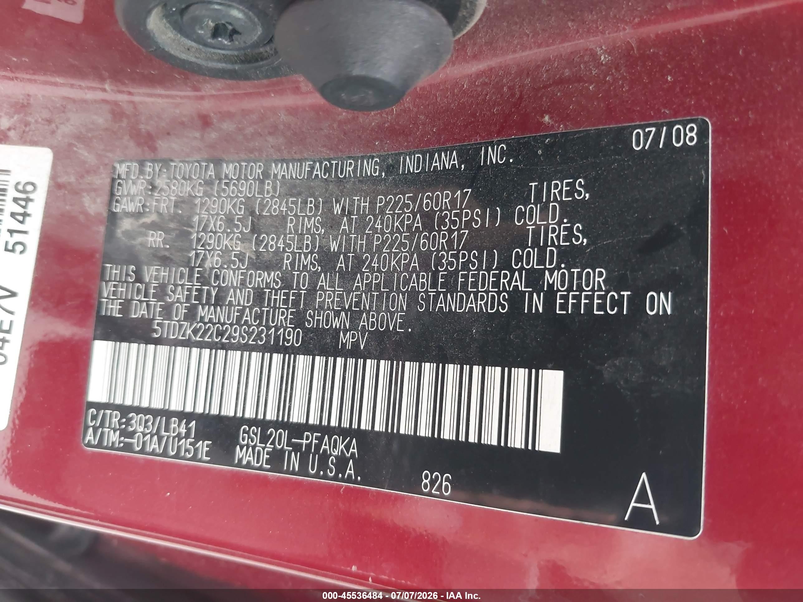 2009 Toyota Sienna Xle Maroon vin: 5TDZK22C29S231190
