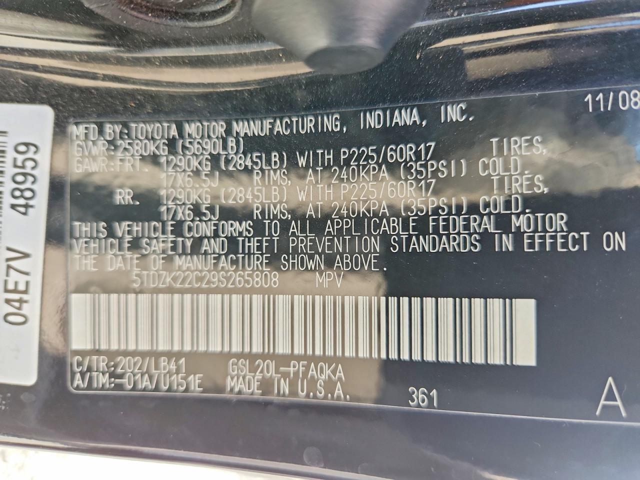 2009 Toyota Sienna Limited Black vin: 5TDZK22C29S265808
